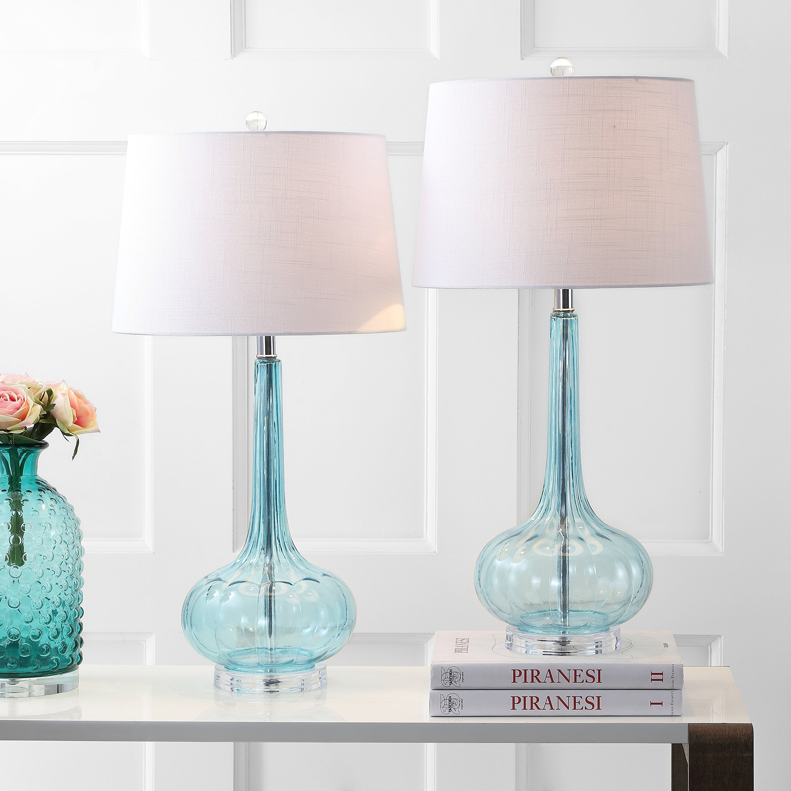 JONATHAN Y Table Lamps Set of 2, 28.5in Glass Teardrop LED, Aqua, Model JYL1079B-SET2, Contemporary Design for Bedroom, Living