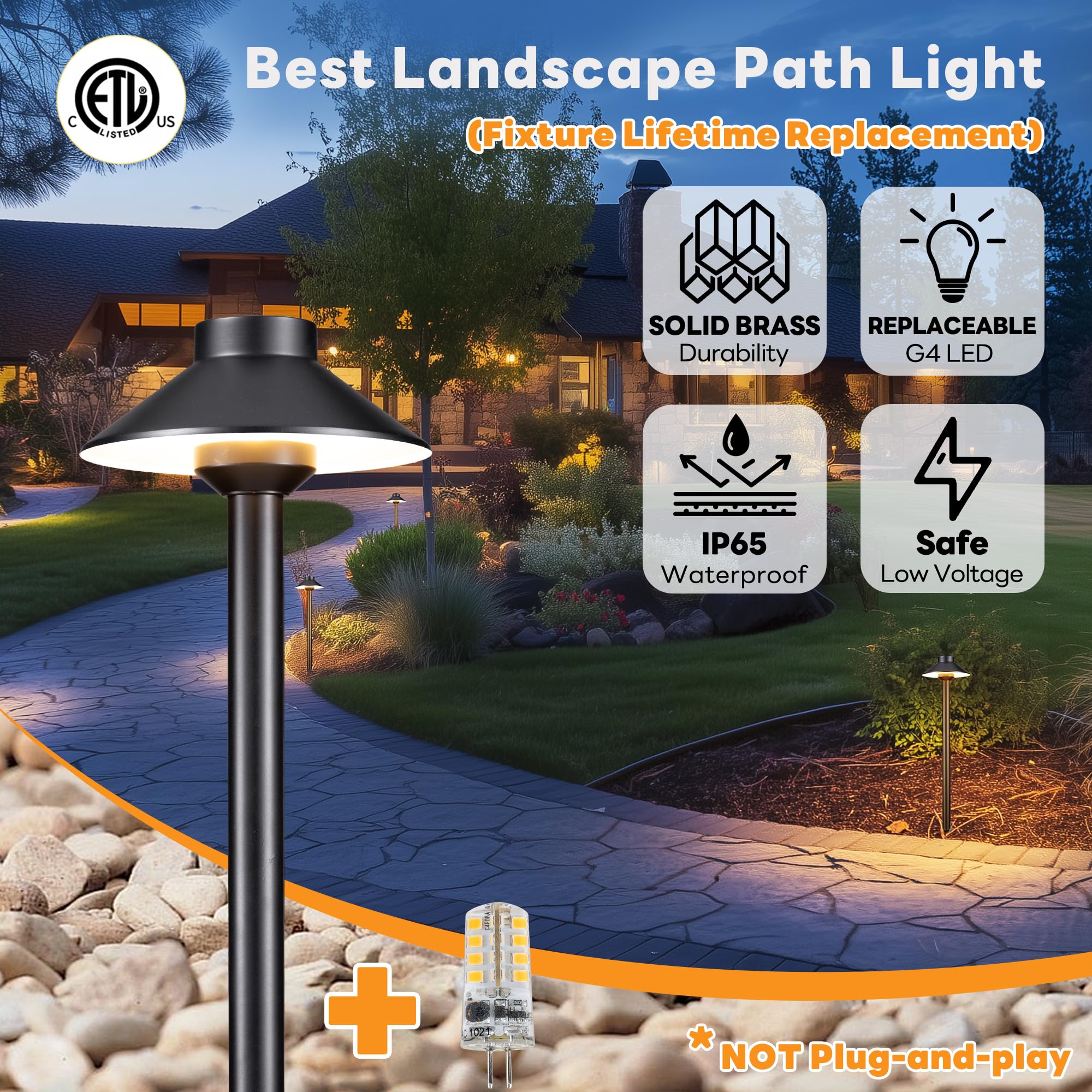 Gardenreet Low Voltage Landscape Lighting - Brass Pathway Lights, 4-Pack, 12V, Waterproof, Black, Model PL-2401-Black-4-5000K-G4