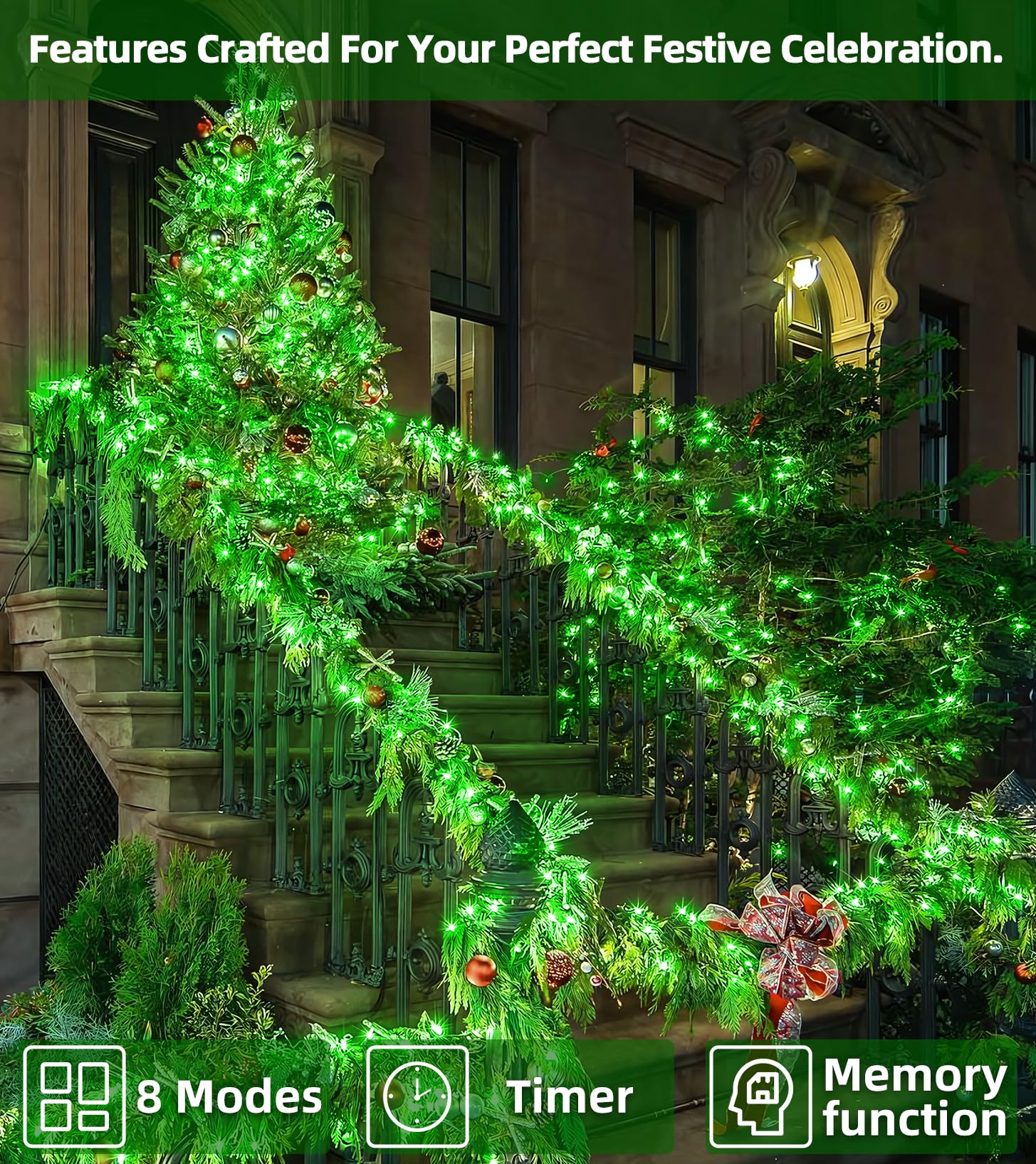 QUHUATU 750 LED Christmas String Lights, 246FT Waterproof, 8 Modes, Green, Model WX-750L