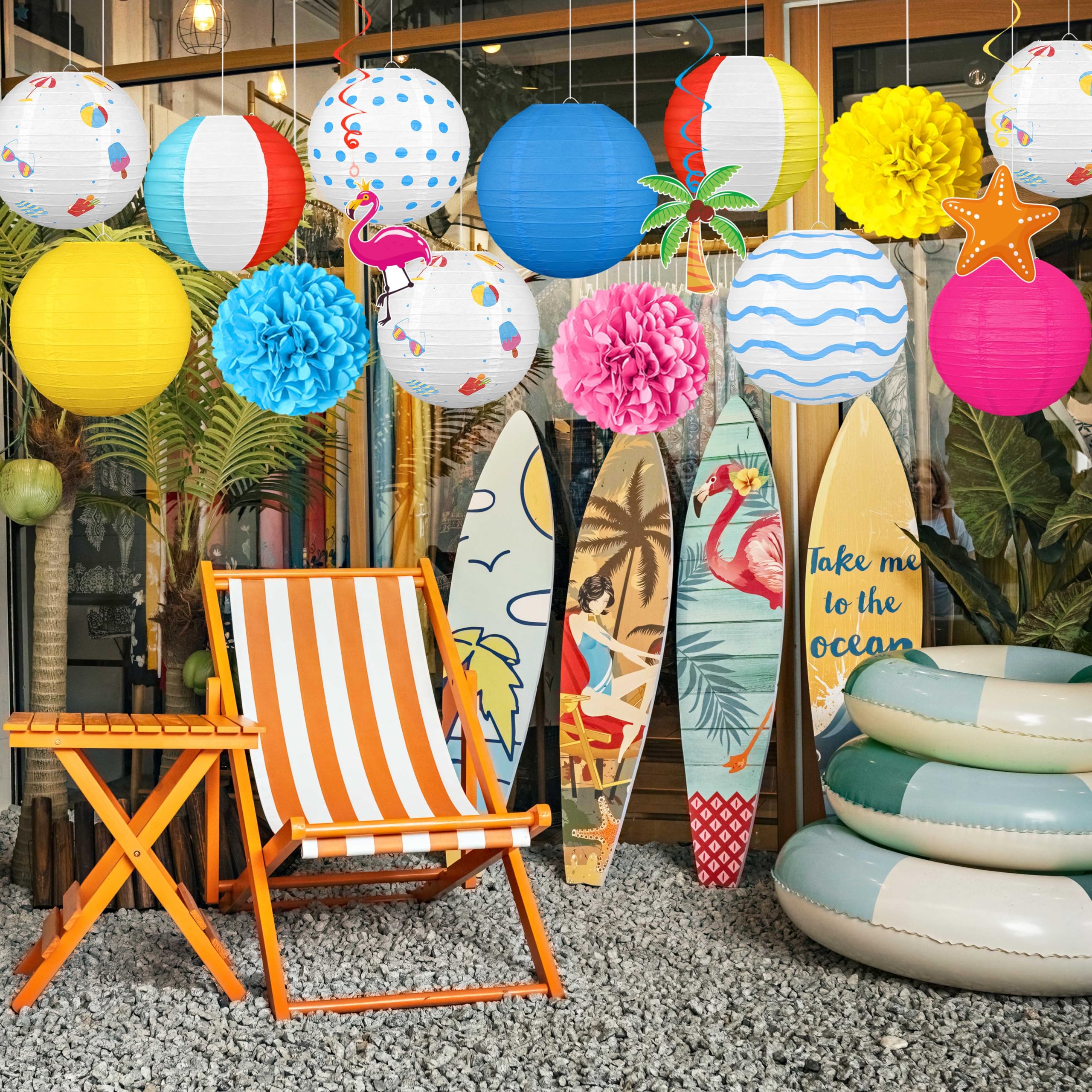 16Pcs Summer Party Decorations Paper Lanterns Pom Poms Hanging Swirls - Beach Pool Luau Hawaiian Tropical Hanging Decor For Home