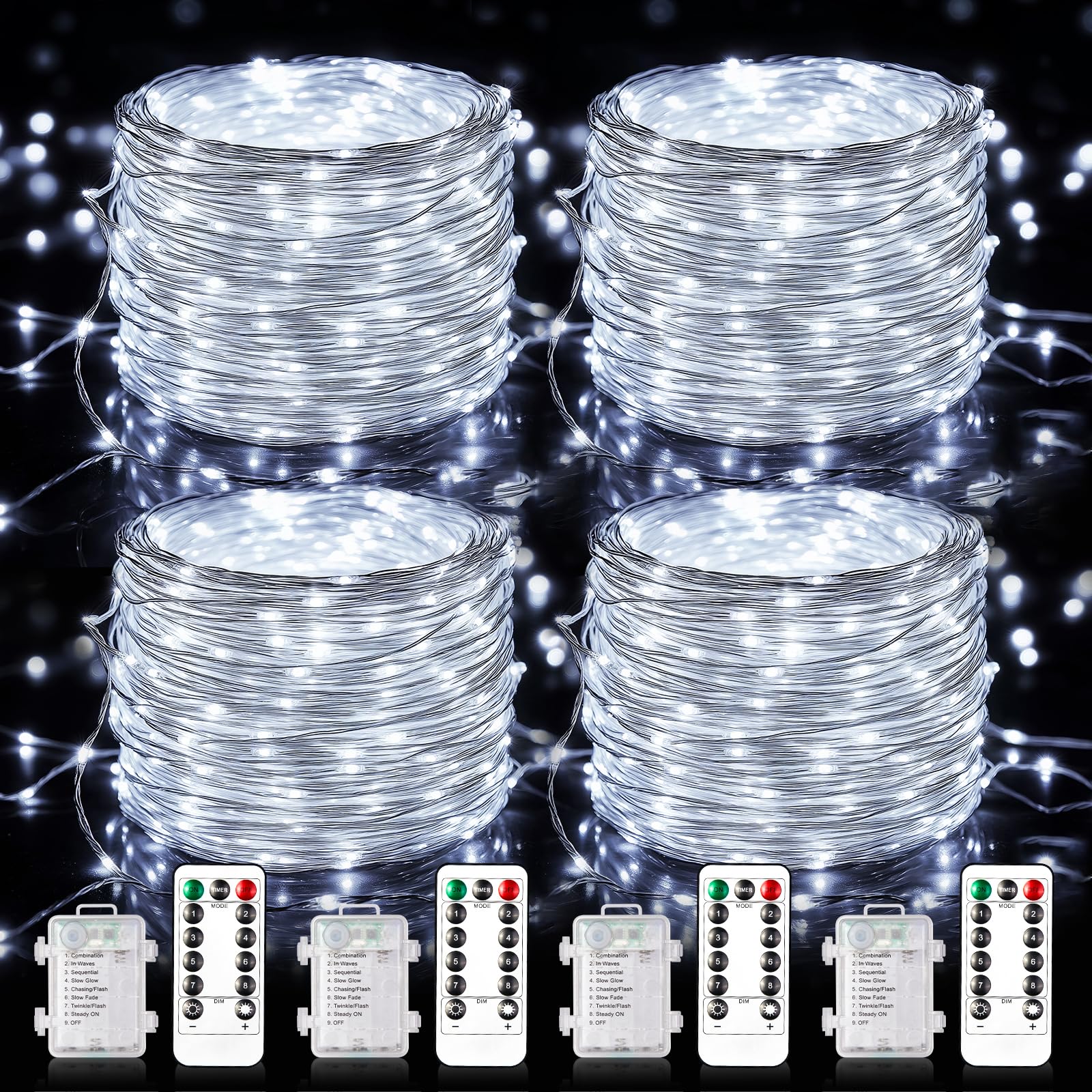 WdtPro Fairy Lights Battery Operated with Remote, 33Ft 100 LED Battery Powered String Lights with Timer, Outdoor Waterproof 8 Modes Twinkle Lights for Bedroom Indoor Christmas Decor White, 4 Pack
