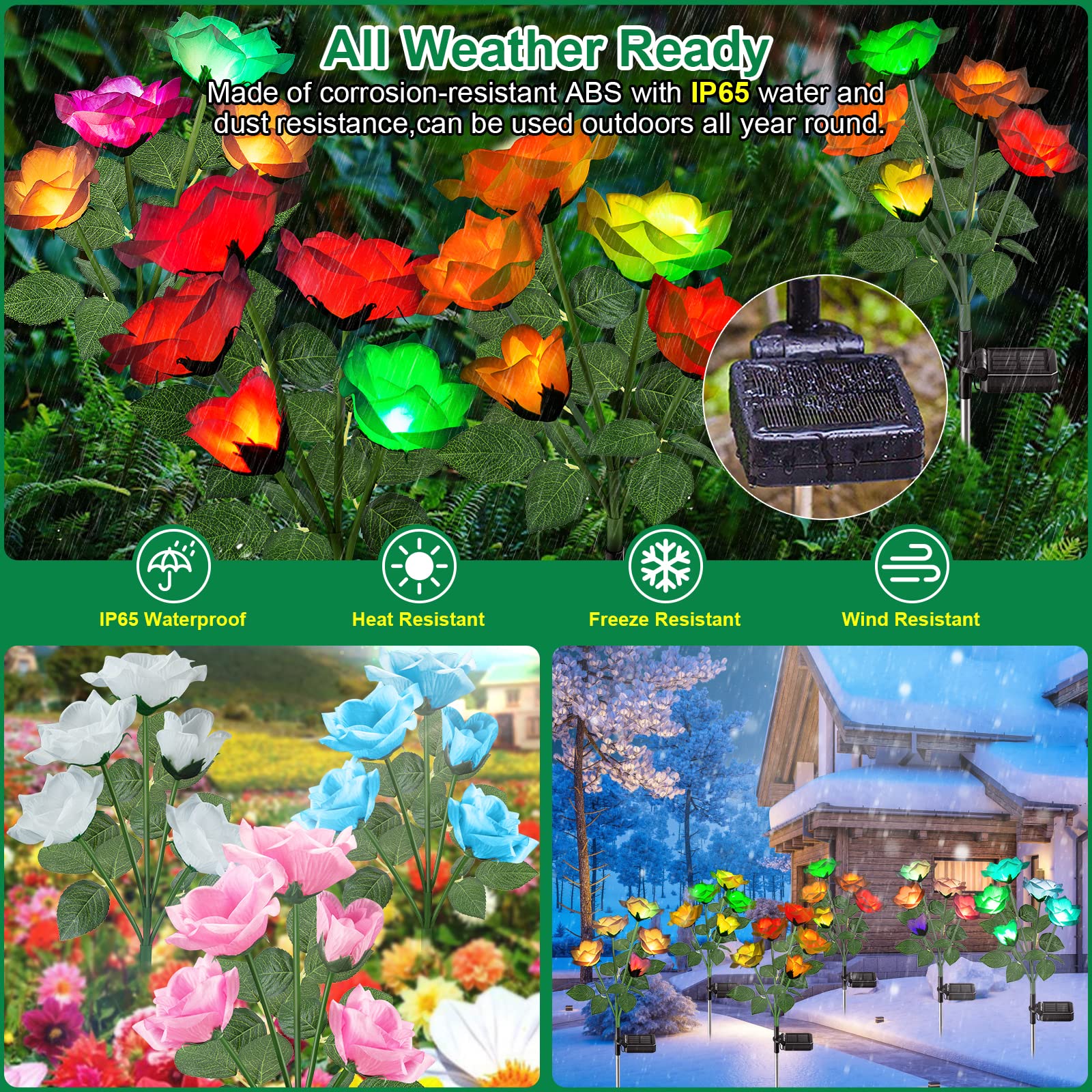 Garpar Solar Garden Lights 6 Pack - 2024 Upgraded Brighter Solar Outdoor Lights With 30 Beautiful & Realistic Rose Flowers - 7 Color Changing Waterproof Solar Flower Lights For Yard Garden Decor