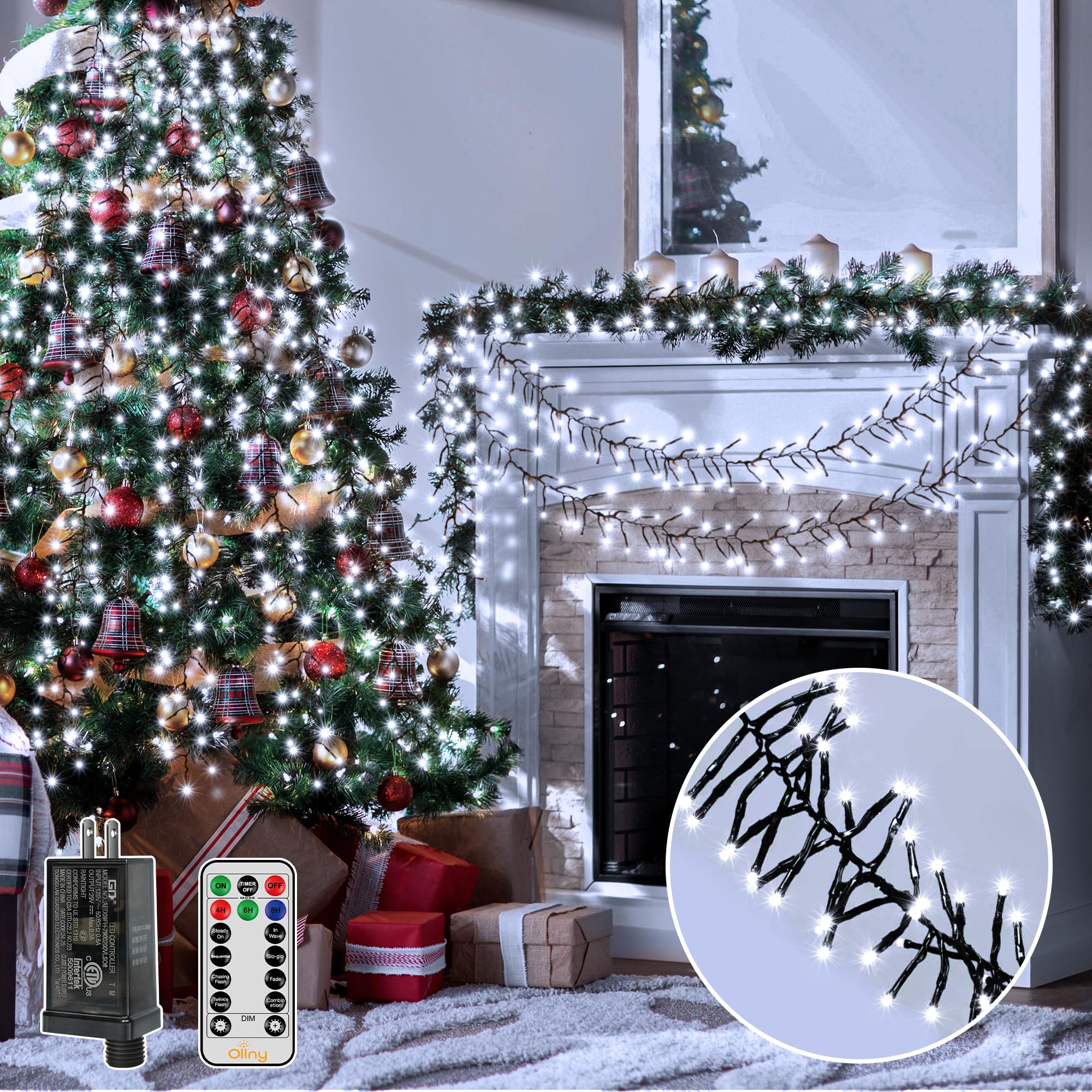 Ollny Cluster Lights Christmas 1000LED 49FT, Cool White Christmas Tree Lights 8 Modes Timer Remote, Waterproof String Lights for