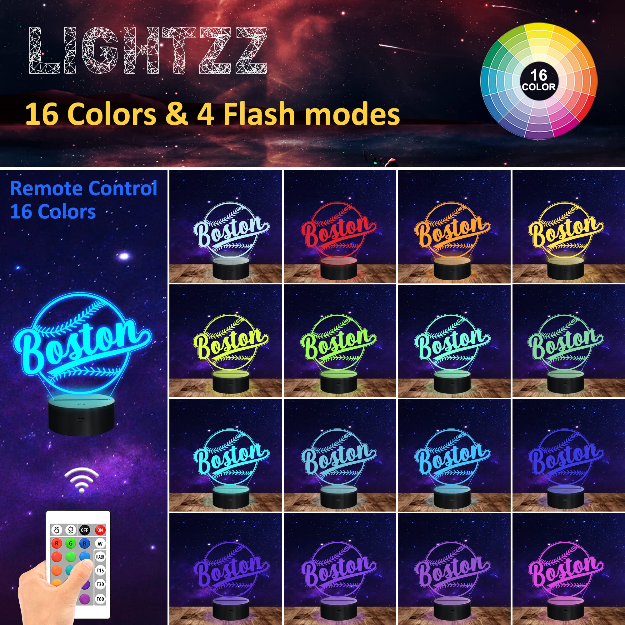 Lightzz 3D Illusion Lamp - Baseball Night Light with Remote Control, 16 Colors, Acrylic Decor, Model FS-xxxyyy, Boston Color