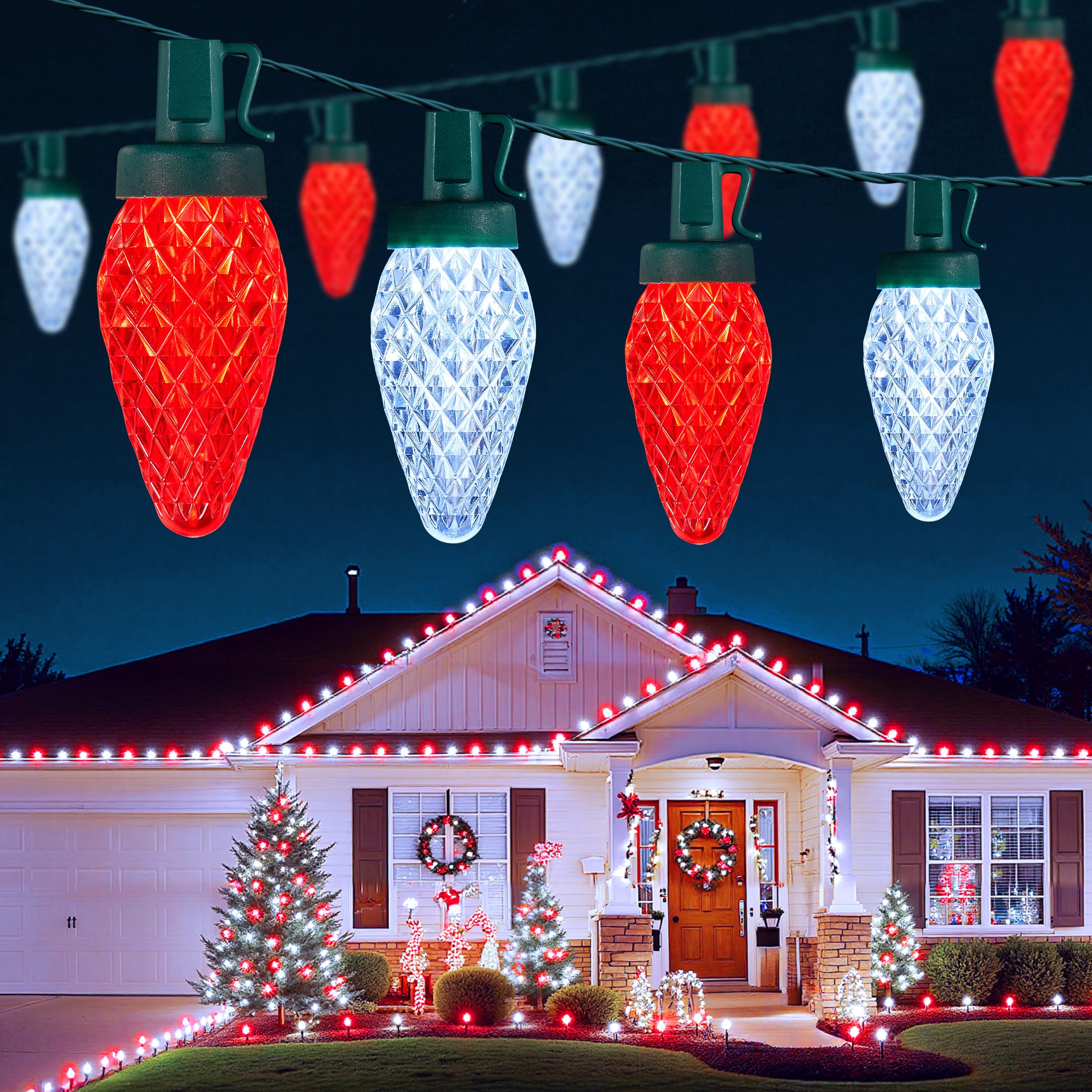 Brightown C9 Christmas Lights Outdoor  114Ft 150 Led Red And Pure White String Lights With Timer  8 Modes  Ul Listed Waterproof Connectable Christmas Tree Lights For House  Roof  Garden  Patio Decor