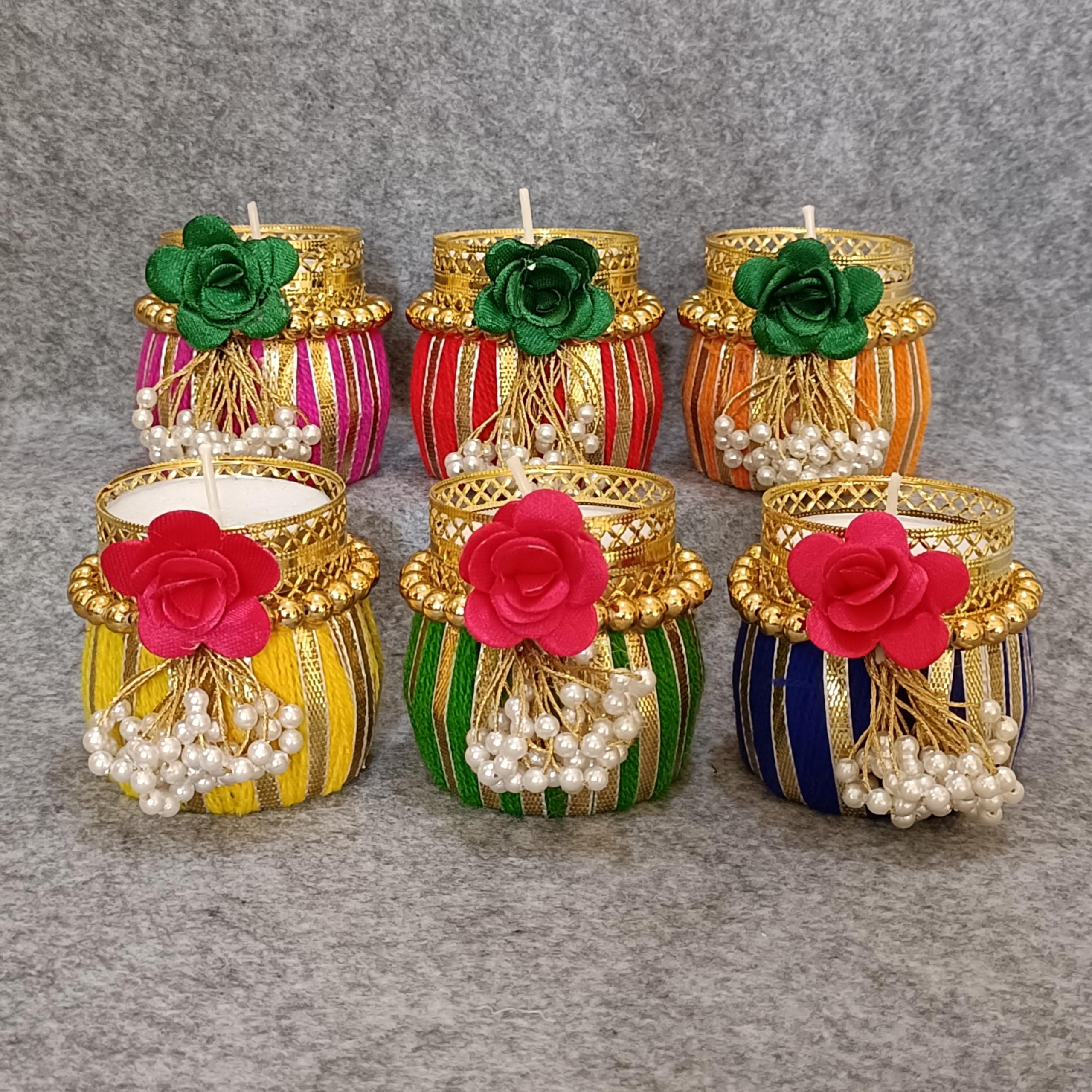 Vibhushita (Set of 6) Multicolor Smokless Fancy Designer Decorative Handmade Wax Damaru Diyas Diwali Diya for Diwali Decoration