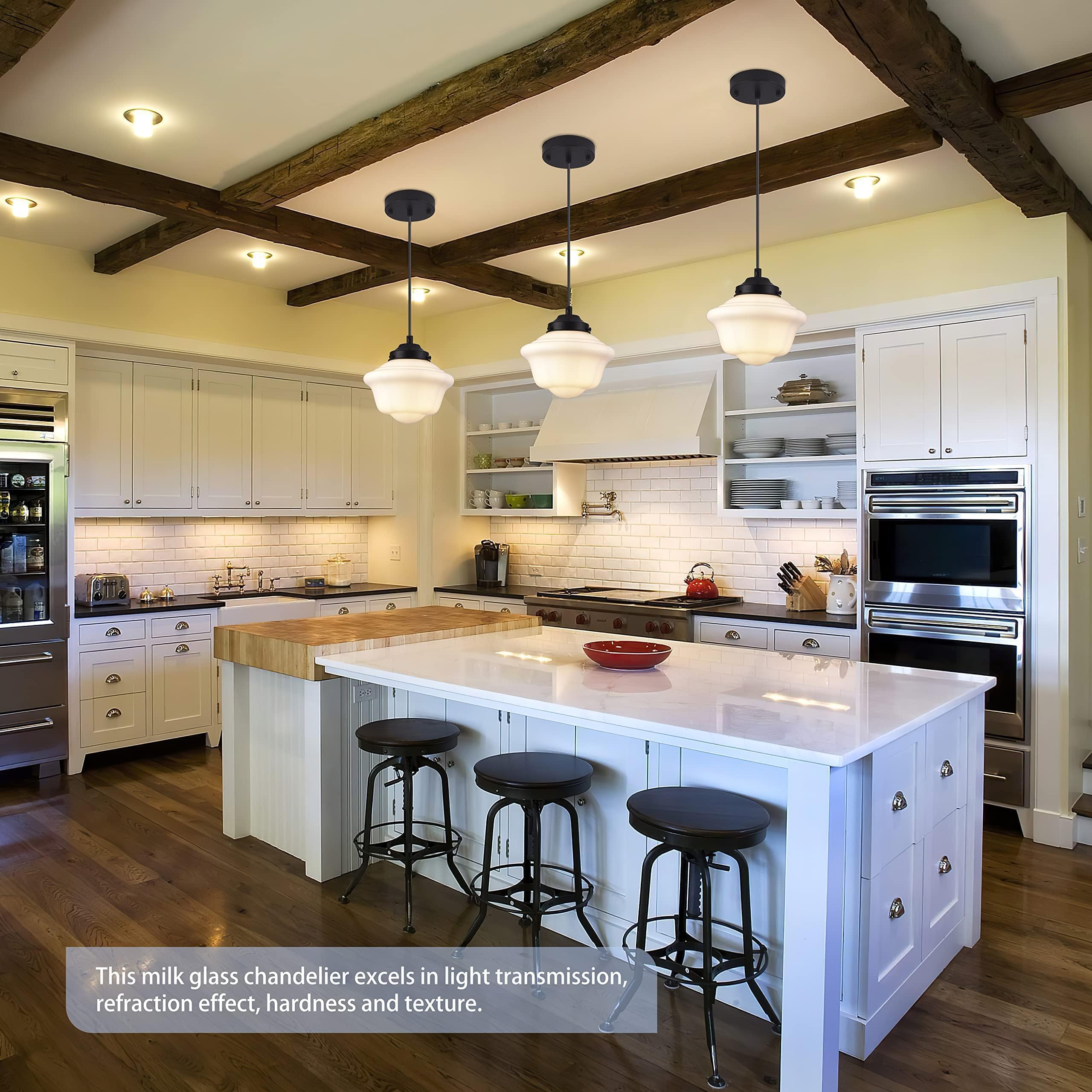 Ayshwilldec Black Schoolhouse Light Fixture 8'' Milk Glass Pendant Light Schoolhouse Pendant Light Milk Glass Light Fixture Mid