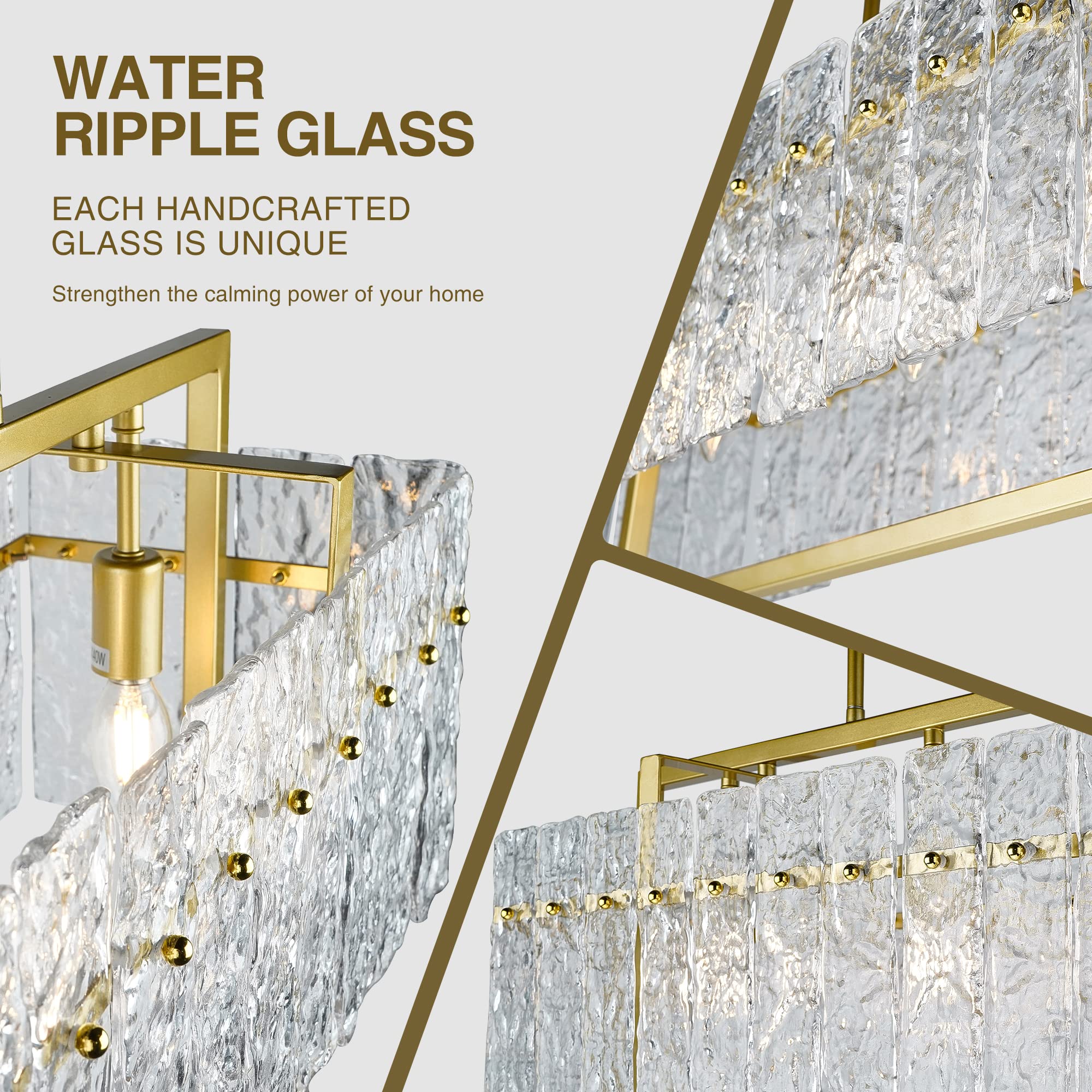 Modern Gold Rectangle Chandeliers For Dining Room, Crystal Water Ripple Light Fixture, Elegant Farmhouse Linear Lighting For Kit