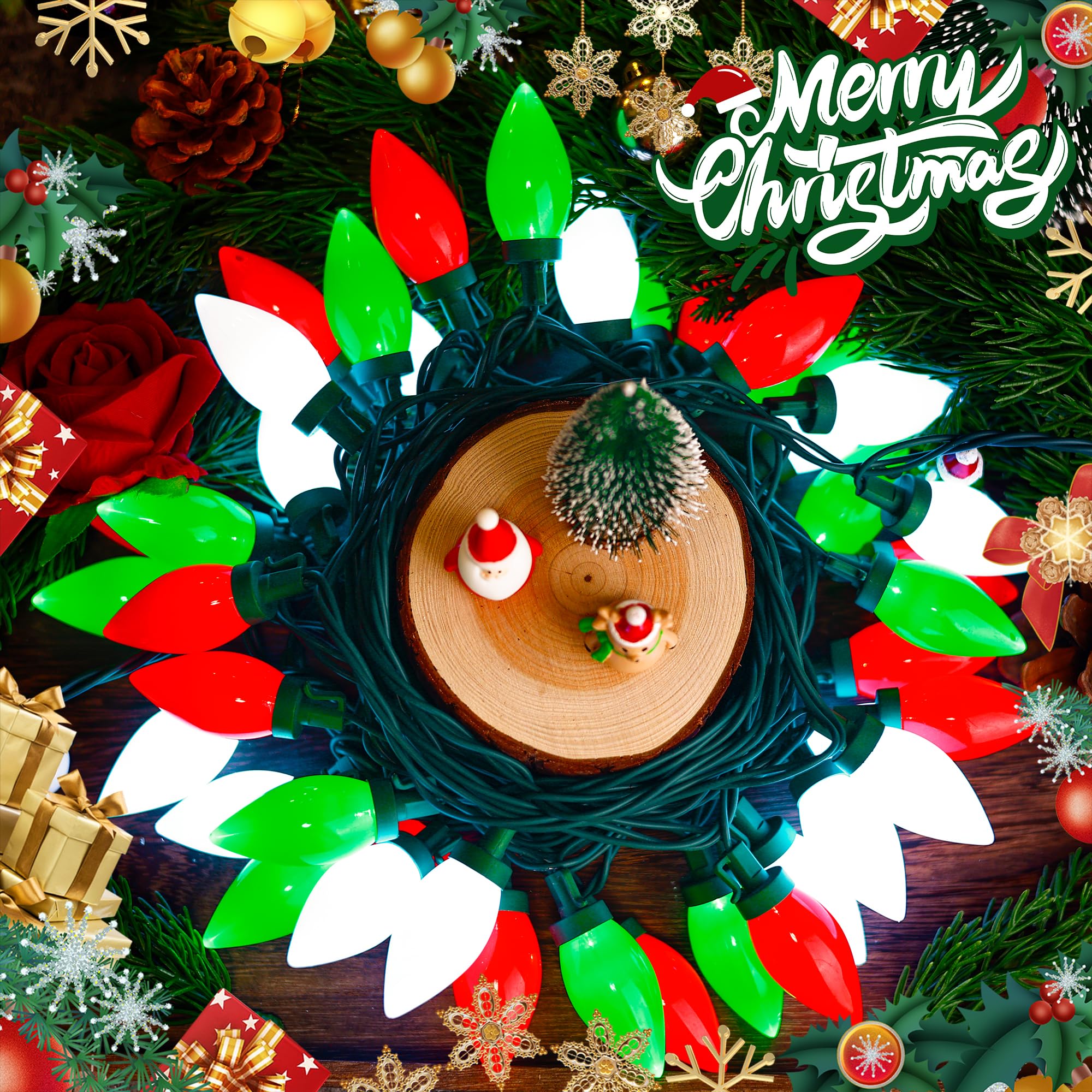 Hayata C9 Big Bulbs Classic Christmas Lights 50 Led 32Ft Strawberry String Light - Outdoor, Indoor, Garden, Yard, Party, Home, Wreath, Garland,Tree (Red White Green - 50Led)