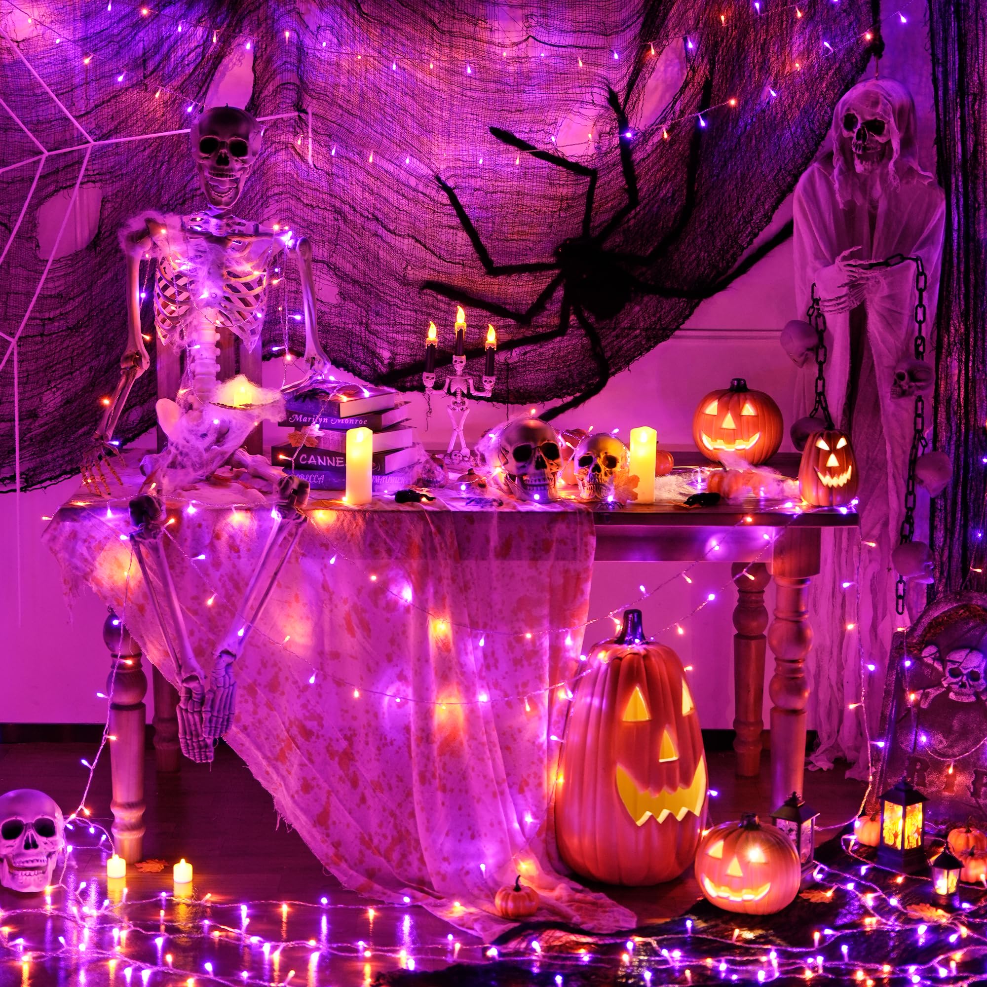 Jmexsuss 33Ft 100 Led Halloween String Lights, Orange & Purple, Waterproof, 8 Modes, Clear Wire, Model Exs-S-0100