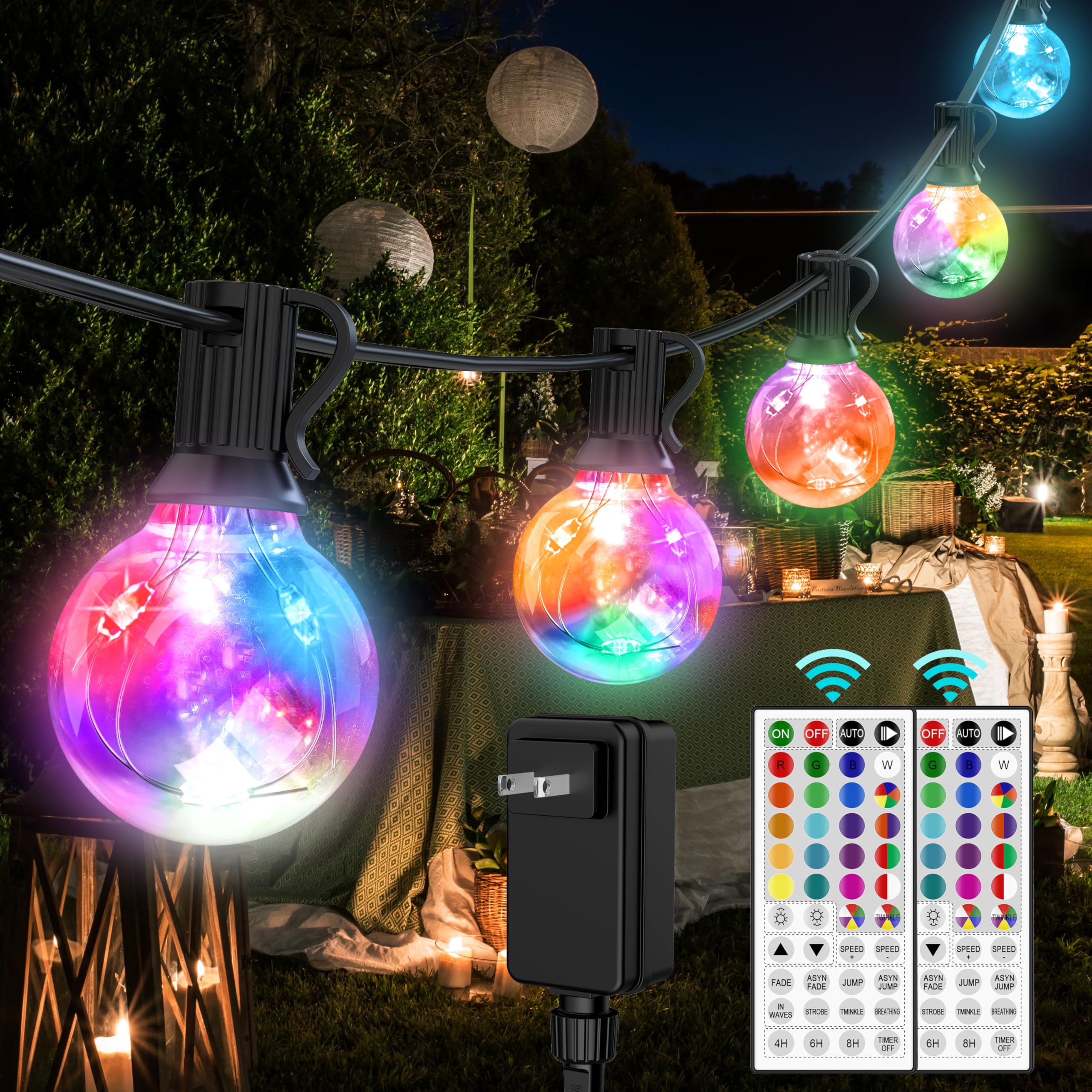 OMIKA LED Outdoor String Lights, 30FT Connectable G40, 30 RGB Color Changing Bulbs, Waterproof for Patio, Camping, Gazebo Decor