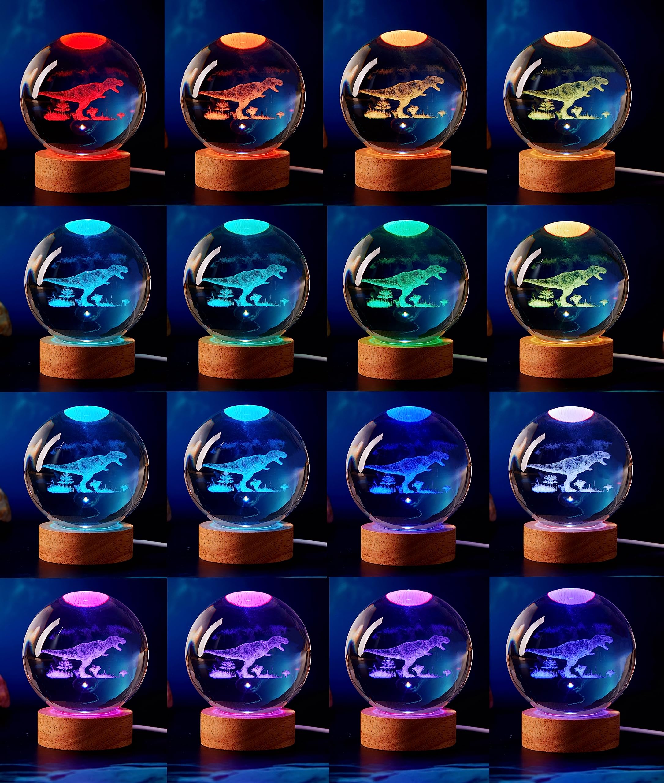Digfpwt Dinosaur Crystal Ball Lamp, 3D K9 T-Rex, 3.15In Usb Powered, 16 Colors Change, Remote Control, Night Light With Wooden B