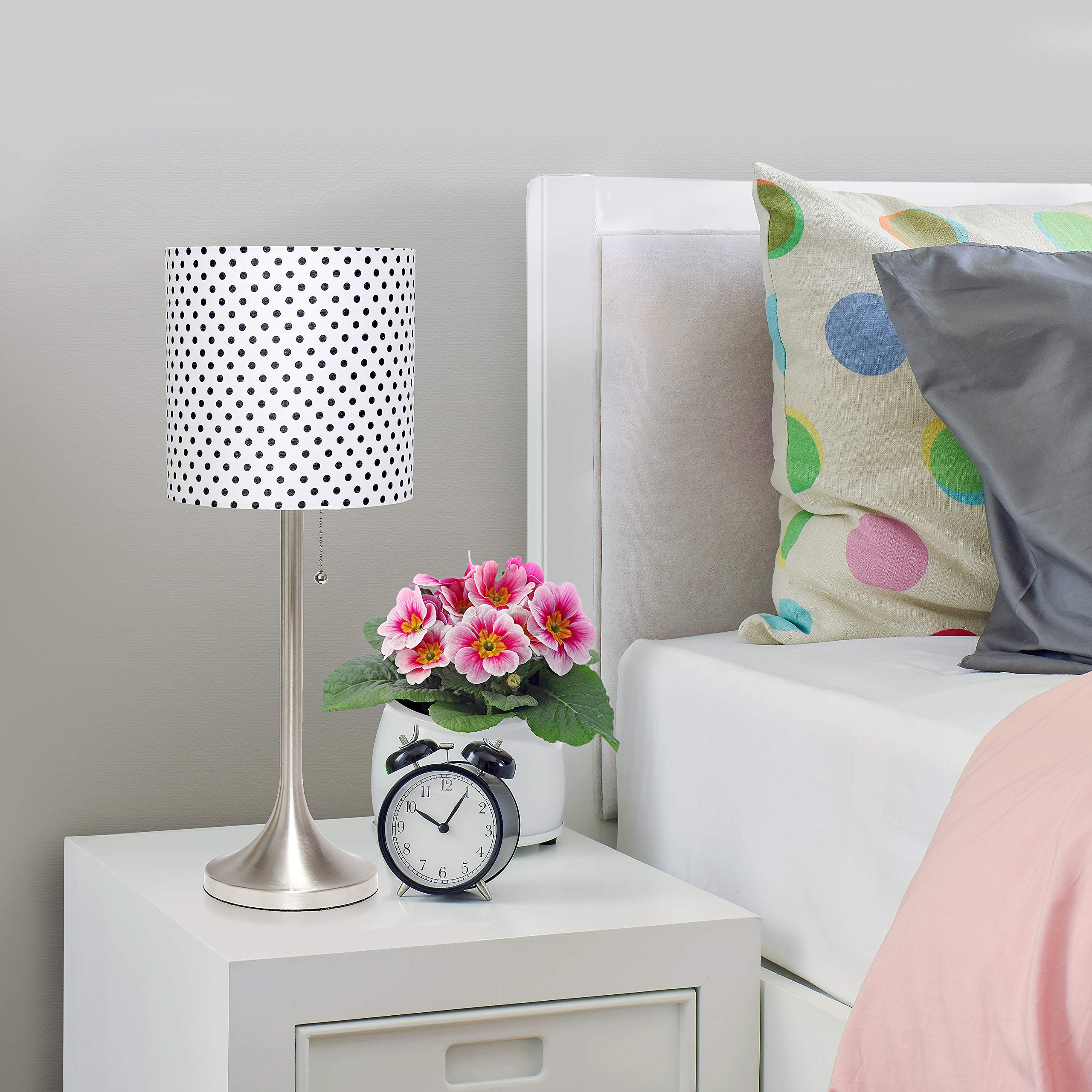 Simple Designs Lt1076-Bnd Tapered Fabric Drum Shade Table Lamp, Brushed Nickel And Polka Dot