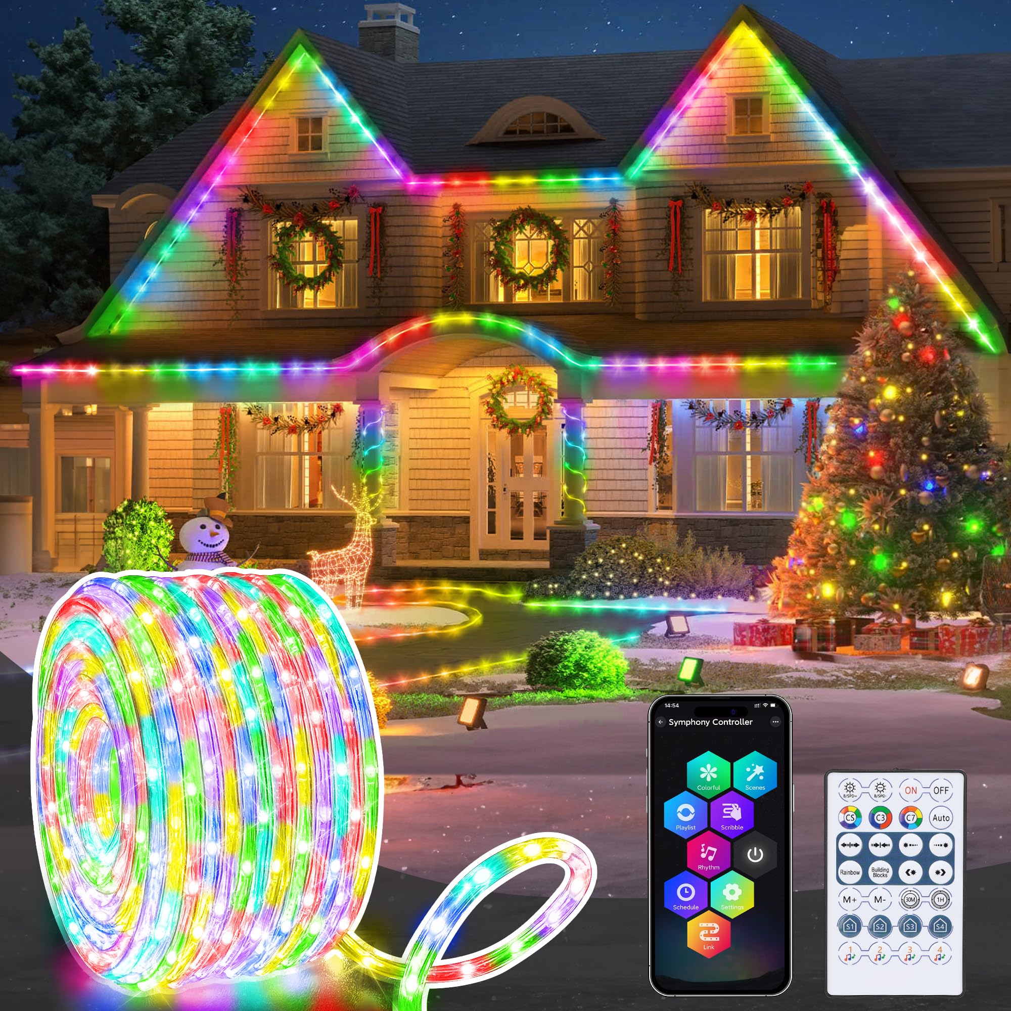 RGB Color Changing Rope Lights Outdoor, 50ft 150LED Smart Christmas Lights Remote & APP Control, Waterproof Music Sync Indoor String Lights - DIY Flexible Tube Light for Gardern Weding Xmas Tree Decor