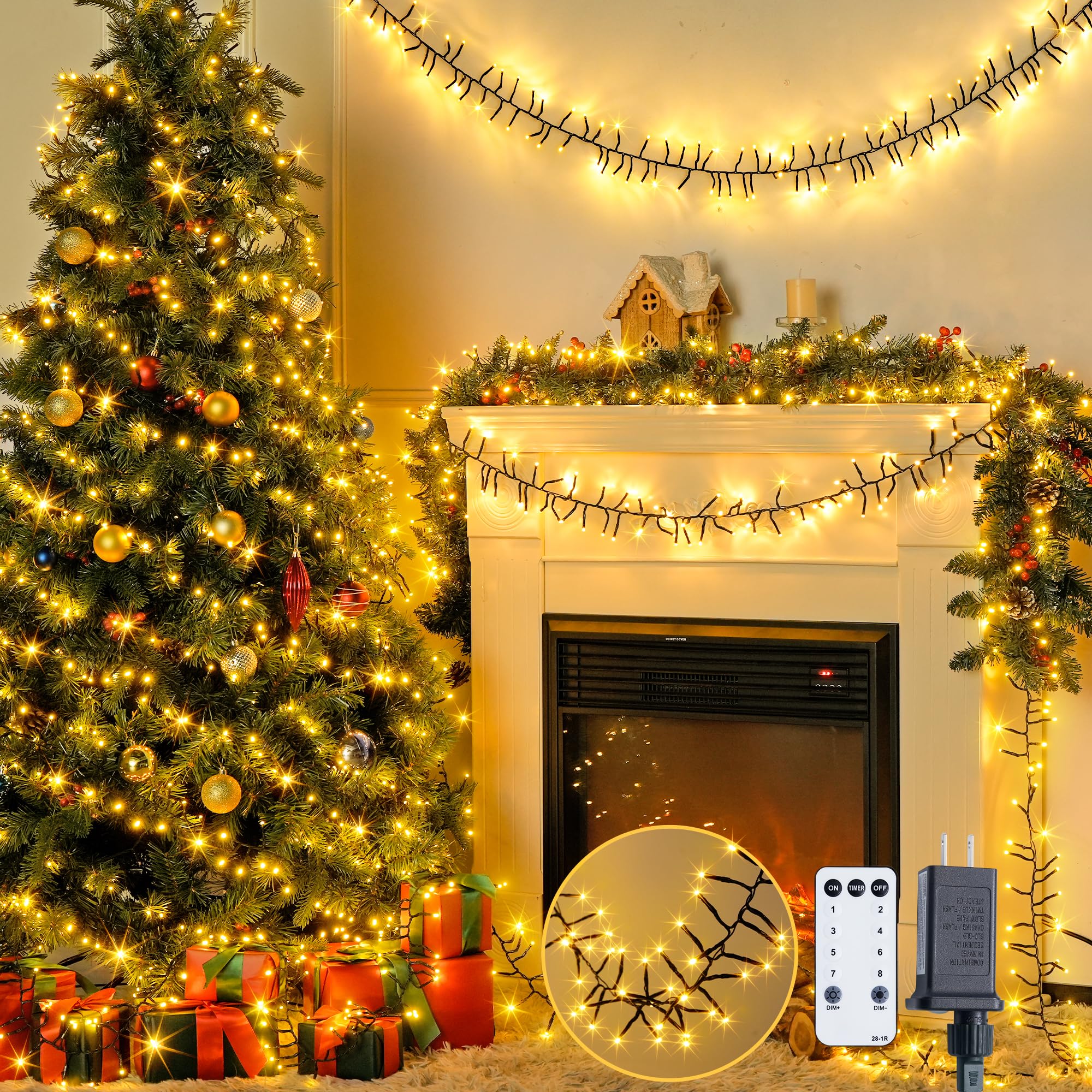 JMEXSUSS 1000 LED Cluster Lights Green Wire Plug in, 55ft Twinkle Lights Outdoor with Remote, 8 Modes Cluster Lights for Christmas Tree Garland Wreath Door Decoration, Warm White