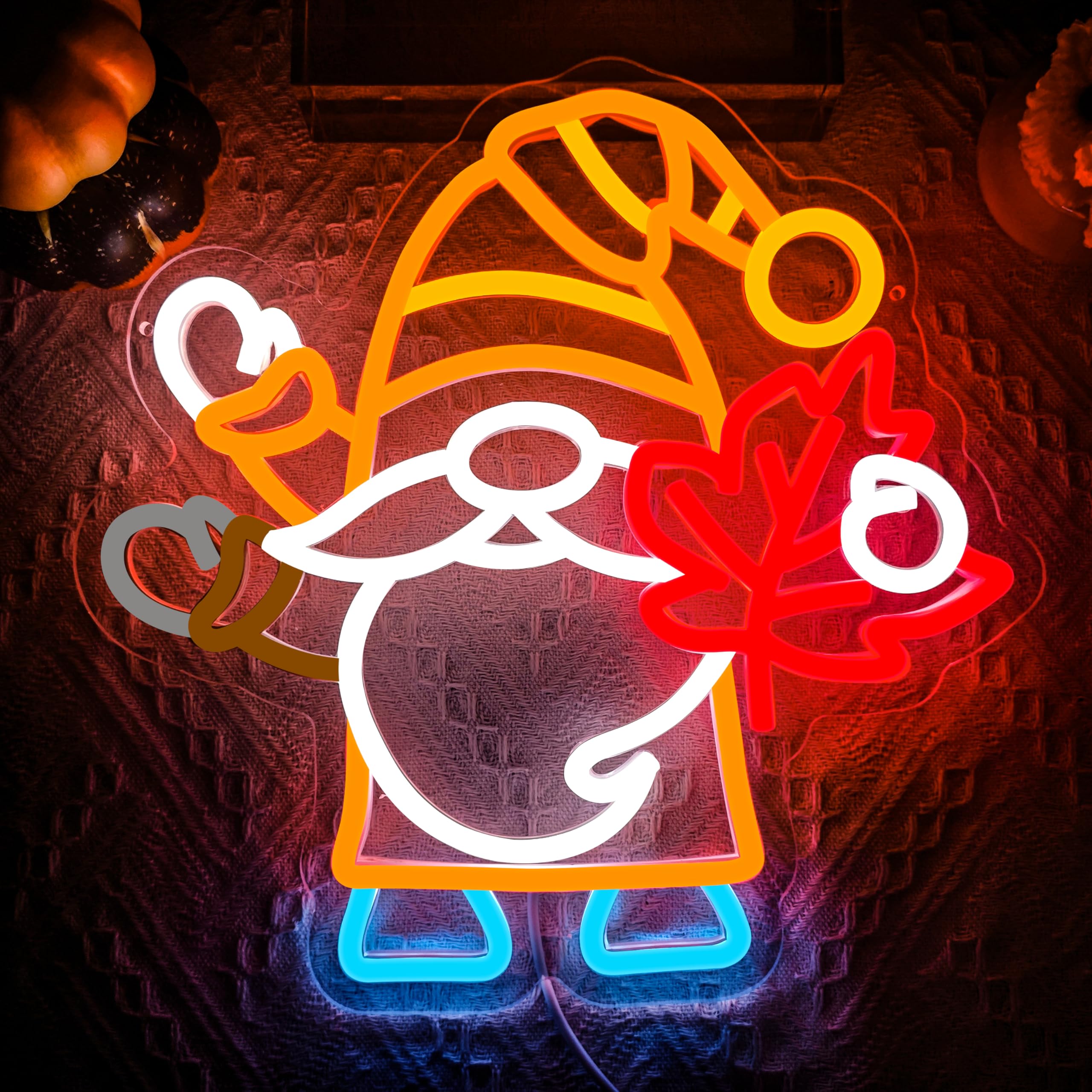 Flashing Gnomes Neon Sign Dimmable For Thanksgiving Neon Sign For Wall Decor Maple Leaf Neon Light For Hello Fall Led Sign Thanksgiving Bedroom Kids Room Bar Club Decoration Gift.