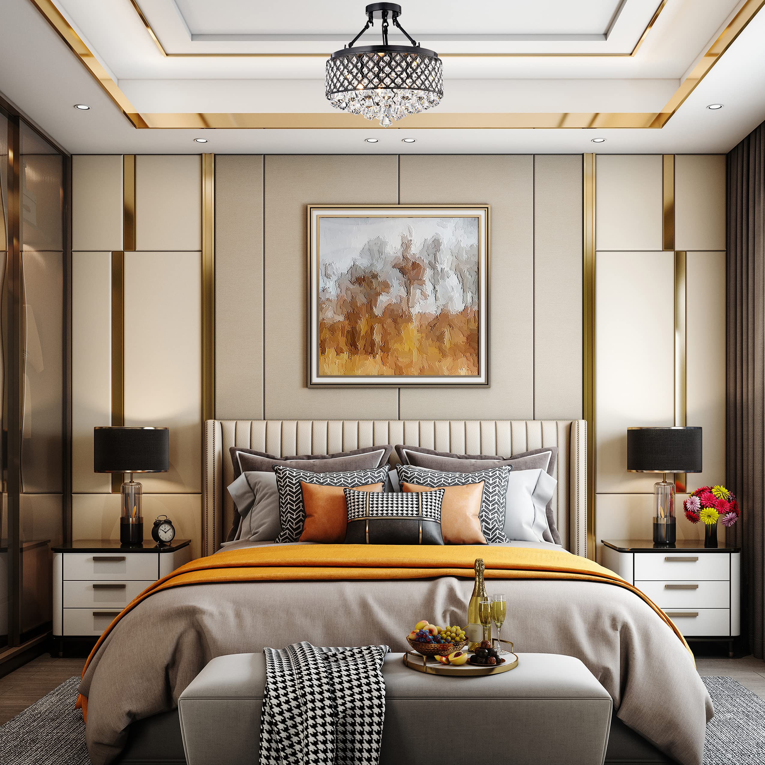 Edvivi Round Semi Flush Mount Crystal Chandelier, 4 Lights, Antique Black Finish, Metal, Semi-Flush, ESG406BL