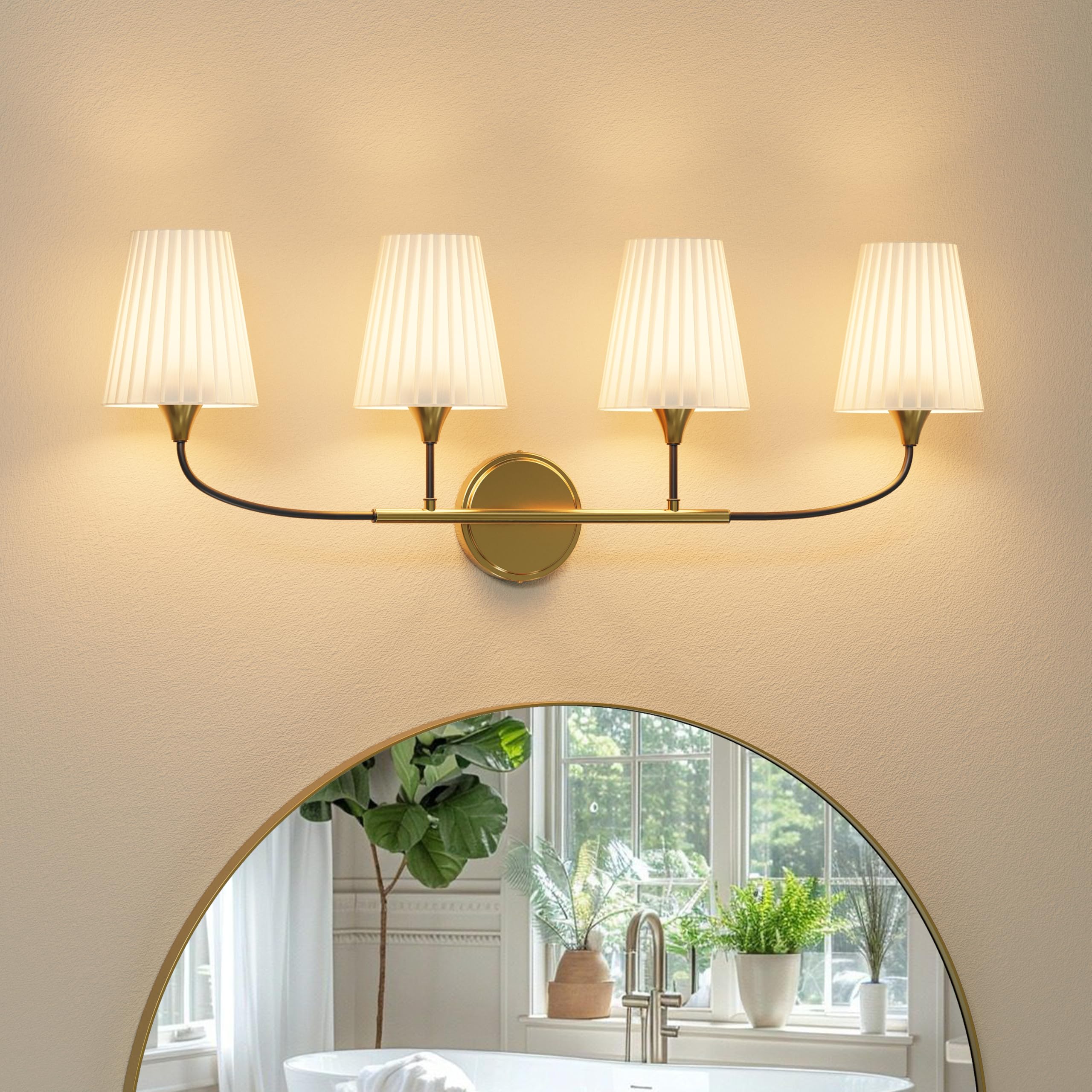 Lanxithen 4-Light Bathroom Light Fixtures, Black Gold Bathroom Vanity Light Over Mirror, Modern Light Fixture with Flared Fabric