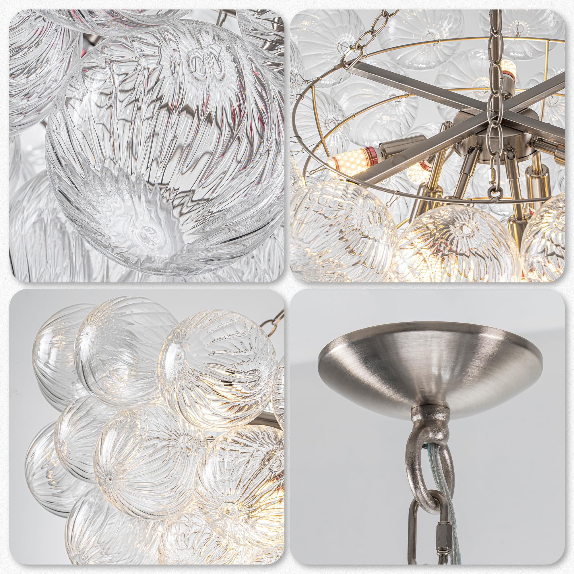 Beypan Bubble Ball Glass Chandelier Brushed Nickle 32'' Dia Clear Swirled Globe Pendant Light Fixture For Dining Room Table Rest