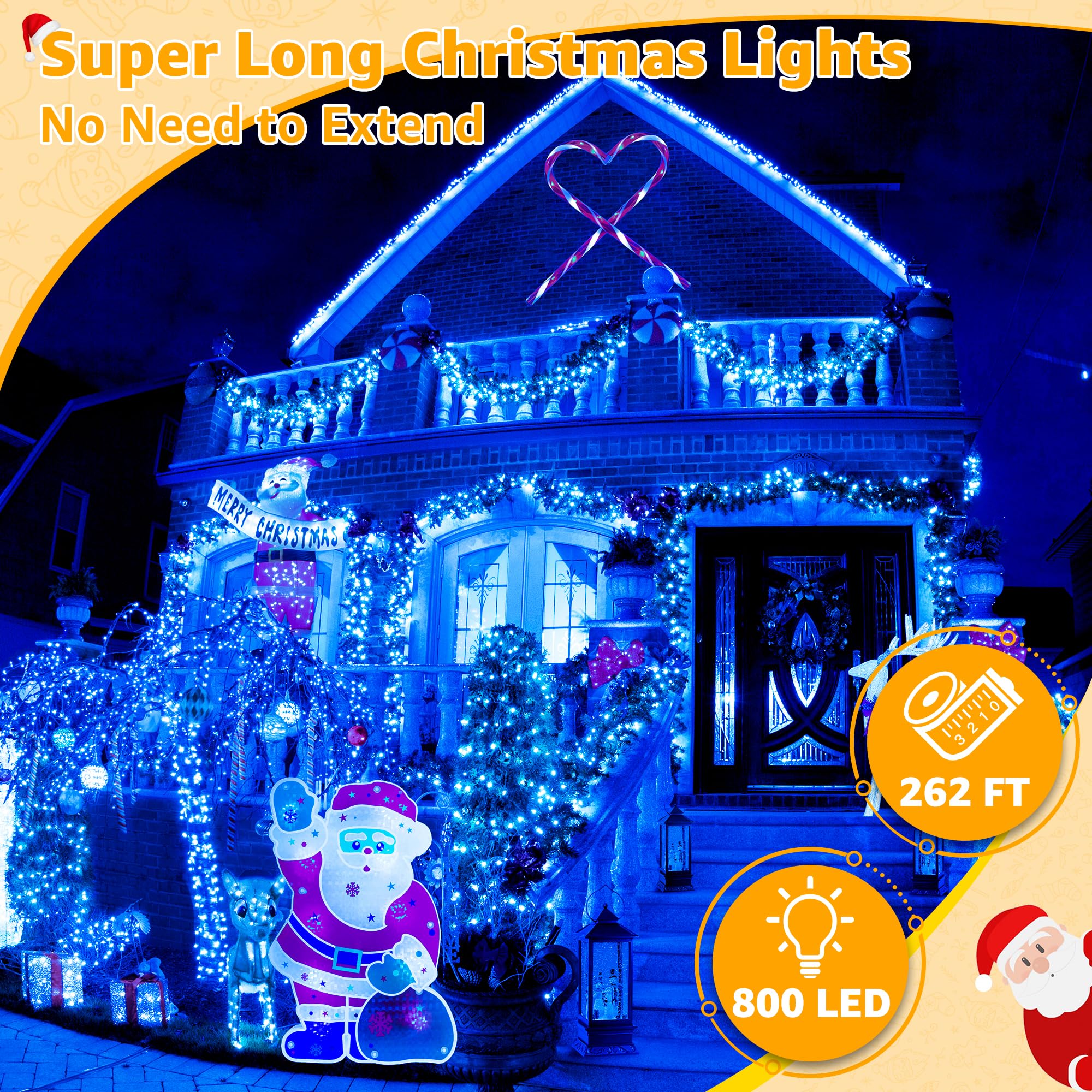 Ollny Christmas Lights Outdoor 800Led 262Ft, Blue Plug In Fairy Lights With Remote, 8 Modes Waterproof Timers Dimmable Led String Lights For Indoor House Outside Bedroom Patio Balcony