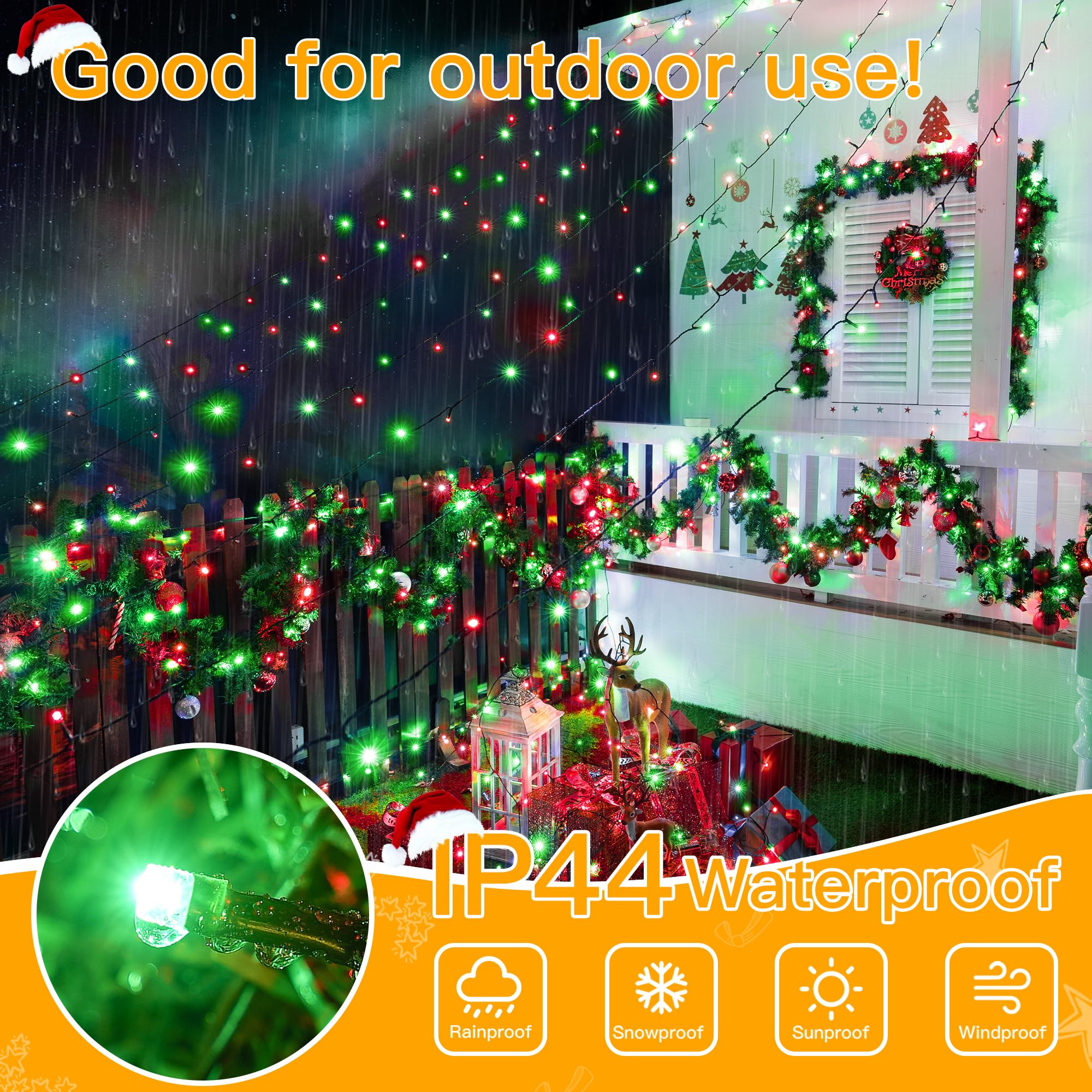 Ollny 400Led Christmas String Lights, 131Ft Red & Green, Waterproof, 8 Modes, Plug-In Fairy Lights For Indoor/Outdoor Holiday Decor