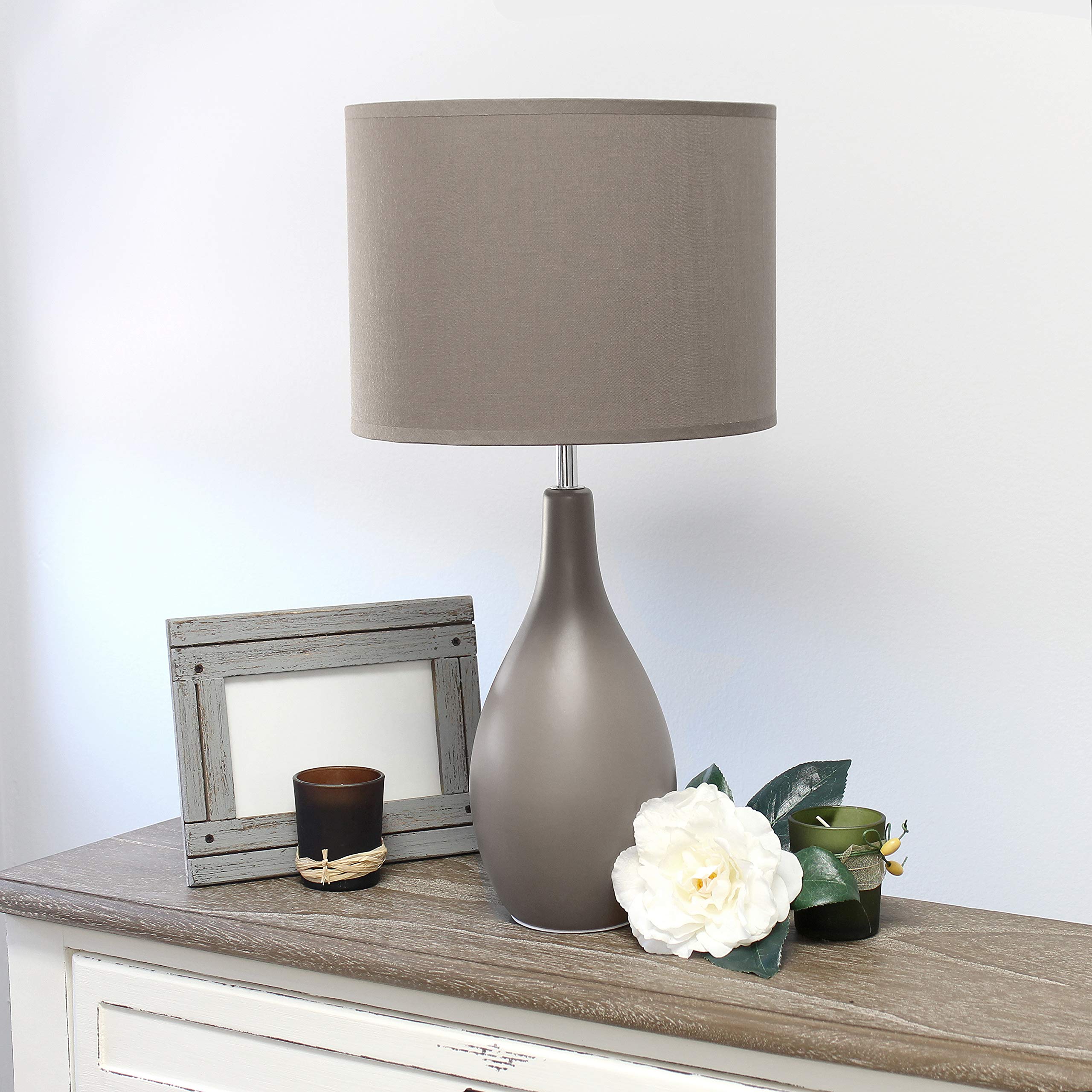 Simple Designs Lt2002-Gry Oval Bowling Pin Base Ceramic Table Desk Lamp With Matching Fabric Shade, Gray
