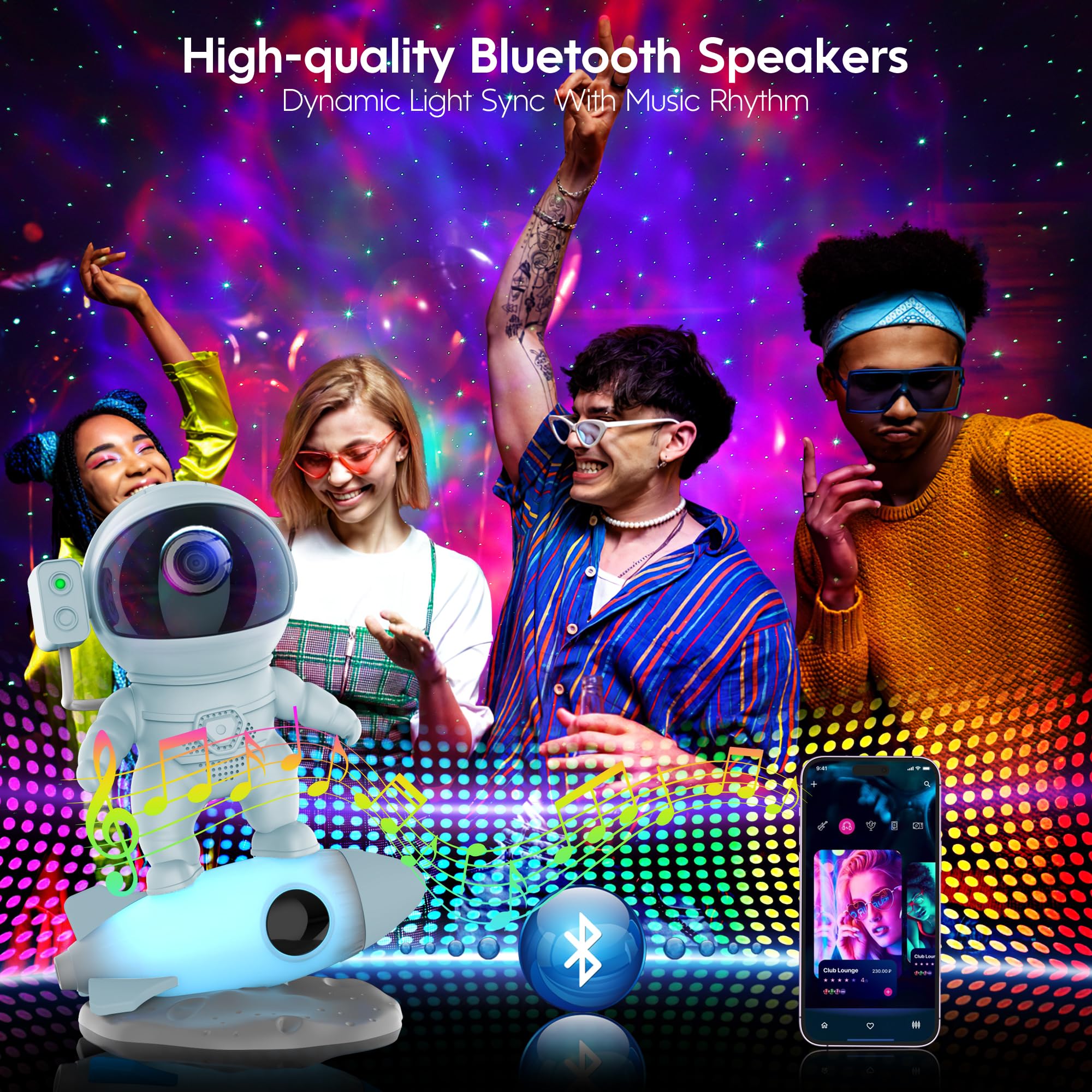 Flyeagle Astronaut Galaxy Projector, Star Projector Rocket Night Light For Kids Room, 360 Adjustable Magnetic Head, Bluetooth Sp
