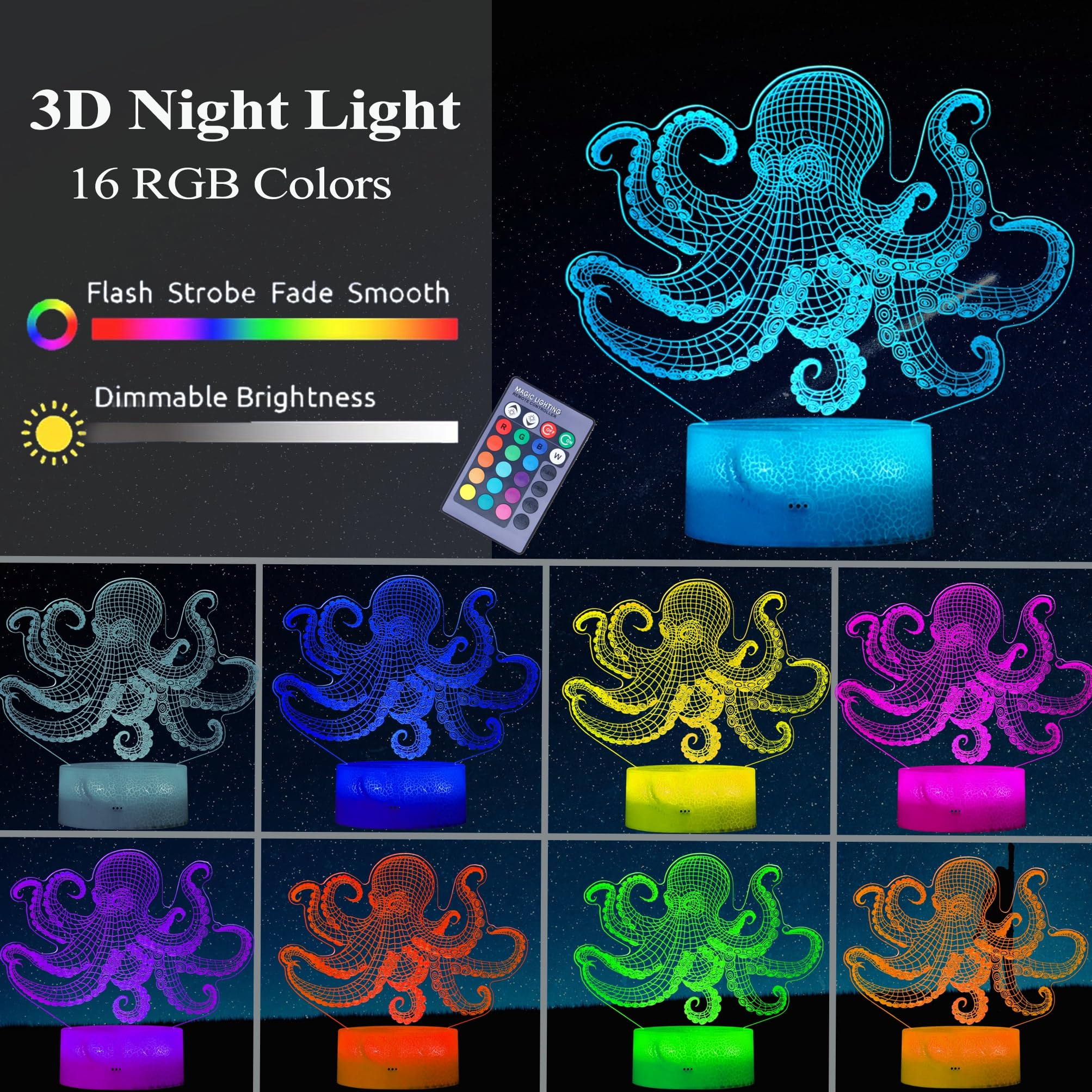 Posshe Octopus Night Light, 3D Illusion Night Light Lamp, Octopus Stuff With 16 Colors Changing, Remote Control And Dimmable, Ki