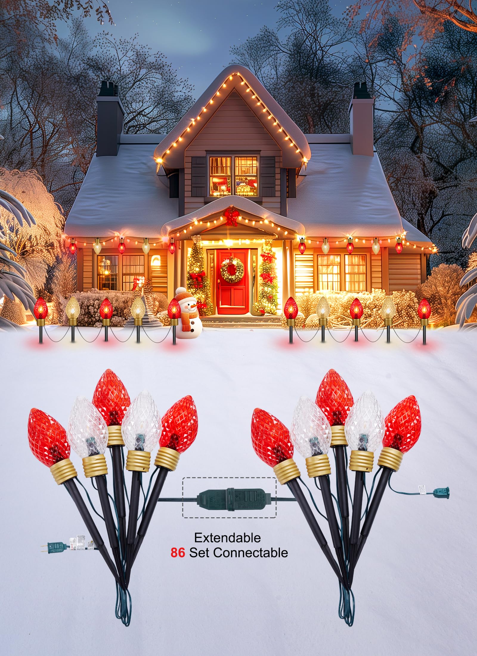 Minetom C9 Christmas Pathway Lights - 2 Pack 10.5 Feet, Multicolor Red & Warm White Outdoor Decorations
