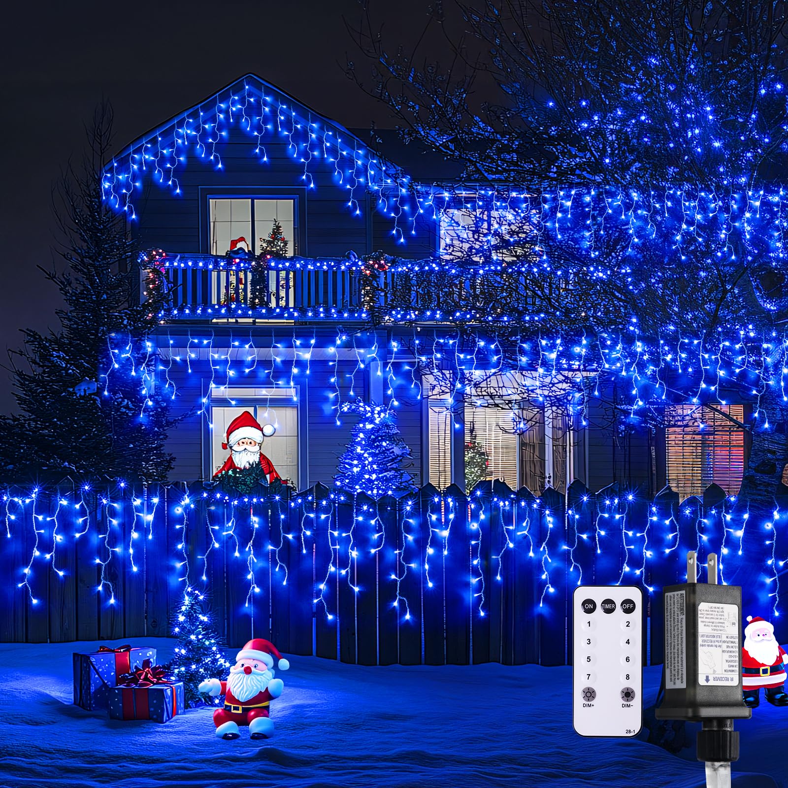 JMEXSUSS Blue Icicle Lights, 400 LED, Waterproof, 8 Modes, Model EXS-I-0400, Outdoor Christmas Decorations