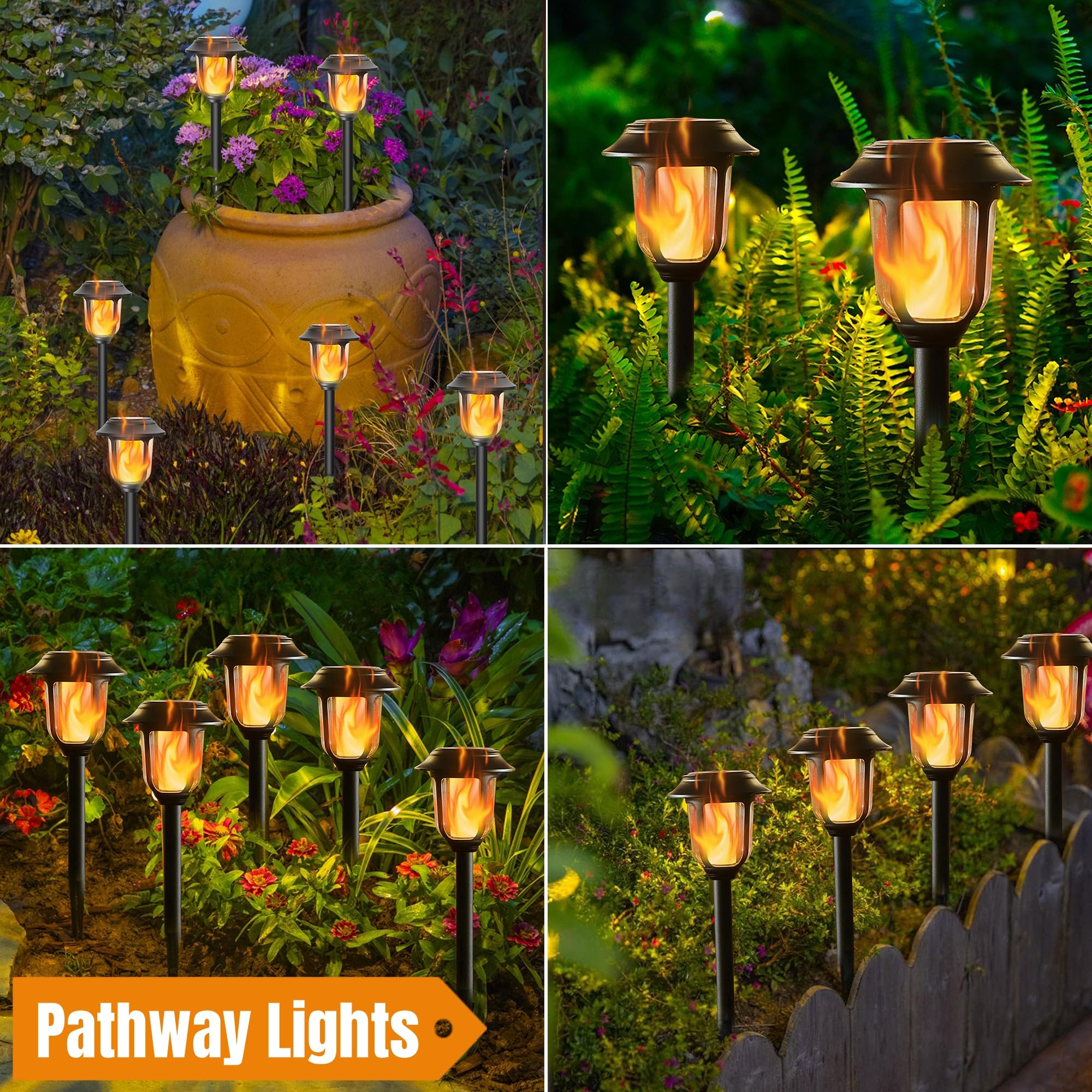Dynaming Dual Use Solar Flame Lights Outdoor 6 Pack, Solar Flickering Flame Pathway Lights, Hanging Lantern Lights, Auto On/Off & Waterproof For Garden Lawn Patio Yard Walkway Deck Driveway