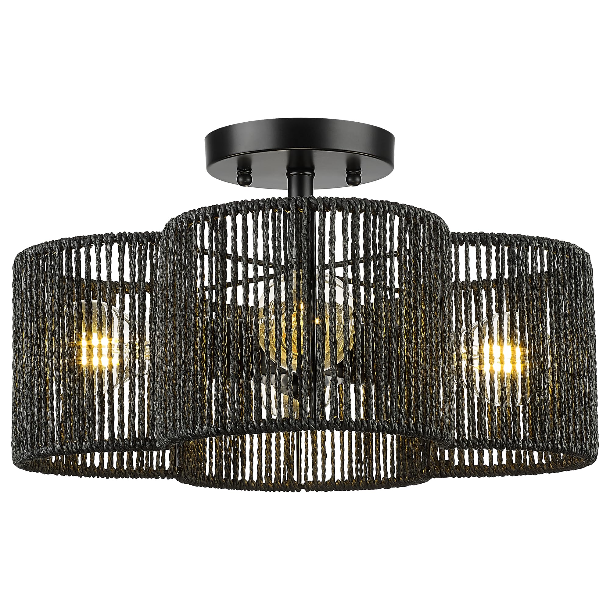 Audickic Rattan Ceiling Light Fixture, 4-Light Semi Flush Mount, 14in Black Hand-Woven Shade, Model AD-22007-4SF-RA-BK