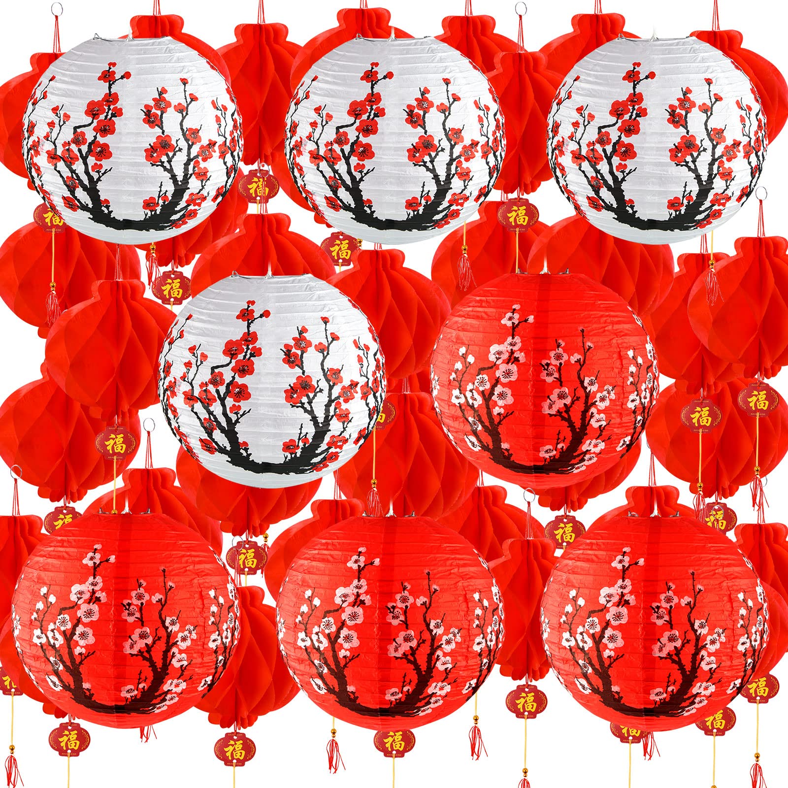 60 Pieces Chinese Japanese Paper Lantern Includes 8 Cherry Blossom Japanese Paper Lantern 52 Chinese Red Lanterns 12 Inches Red 