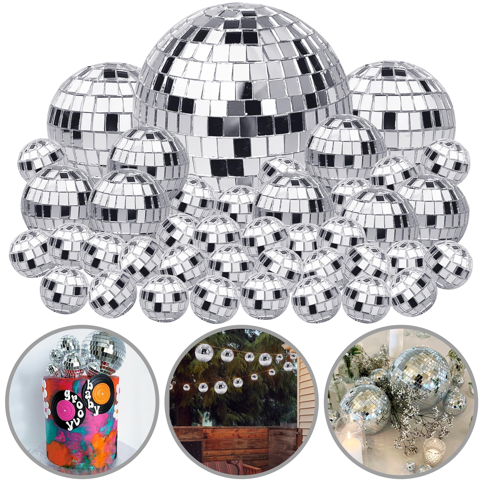 45 PCS 0.78Inch 1.57Inch 2.36Inch 3.54Inch Disco Ball Cake Decoration Ornaments Reflective Mirror Ball Cake Decoration 70s Disco