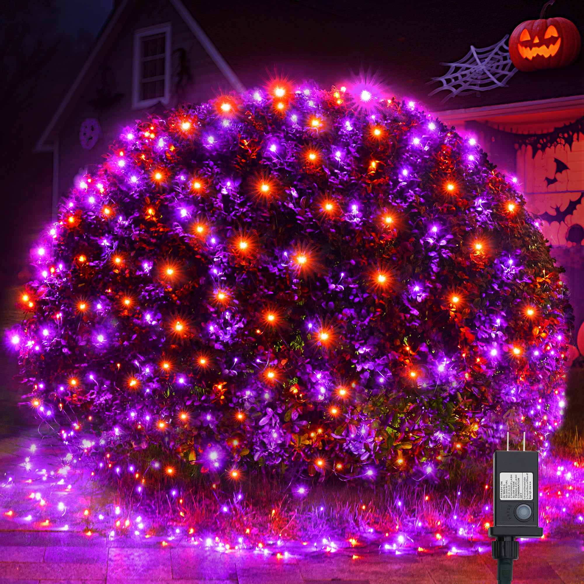 Wbao Halloween Lights Outdoor 200Led 8.4Ft X 5.2Ft Orange Purple Halloween Net Lights With 8 Modes  Timer  Connectable  Waterproof & Dark Green Wire For Lawn  Bushes  Trees  Outdoor Holiday Decor