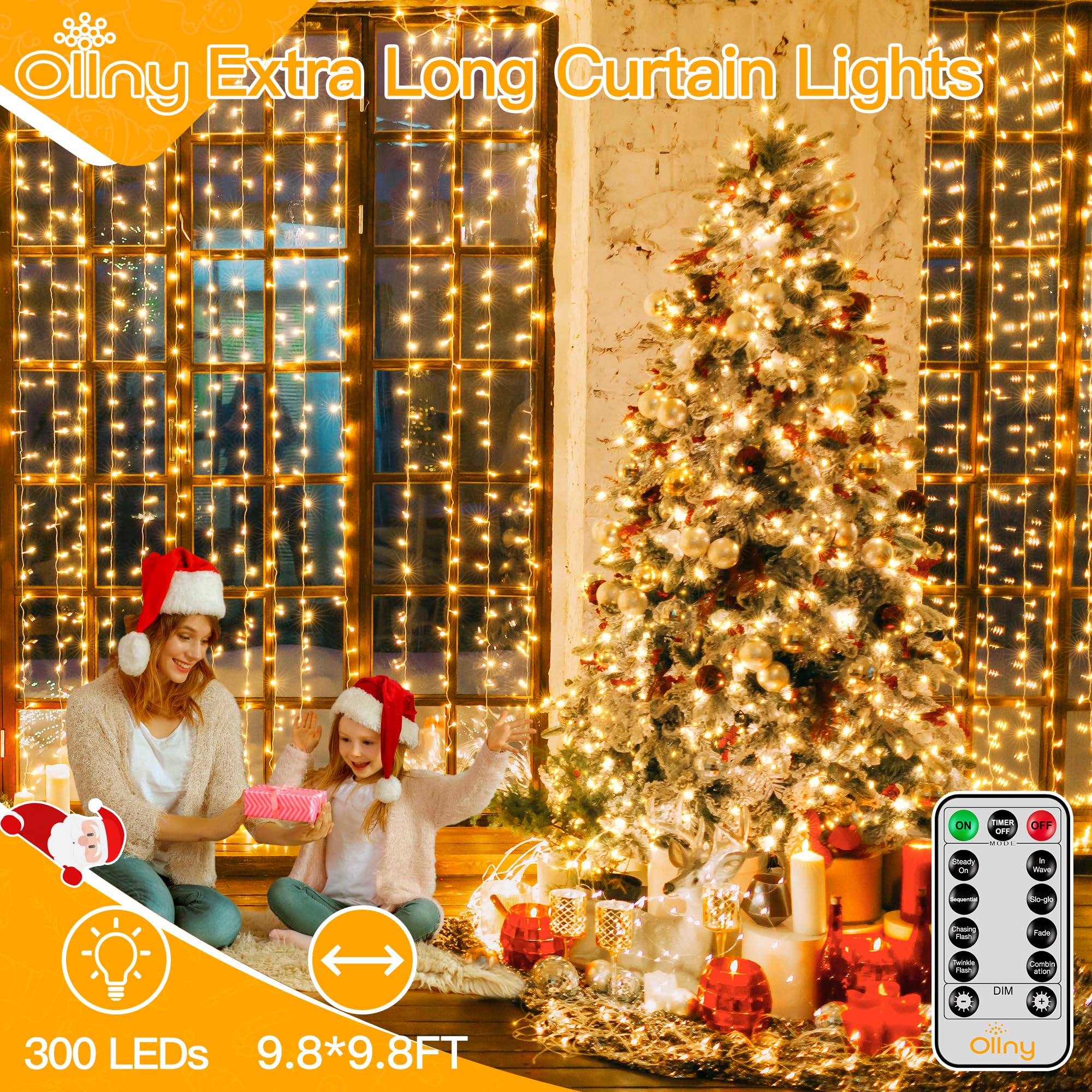 Ollny 300 LED Christmas Curtain Lights, 9.8FT Warm White, Waterproof with Remote Timer & 8 Modes, Model W0103M300L