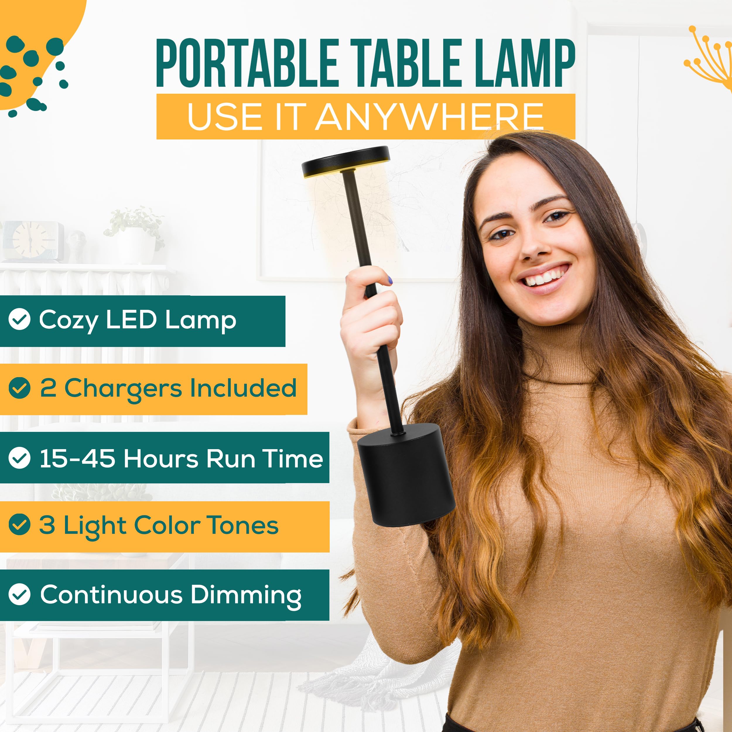 Cordless Table Lamp Pack Of 2 (Black) Rechargeable Lights - Set Of 2 Usb Chargers Included - Led 3-Color Dimmable Lamps For Rest