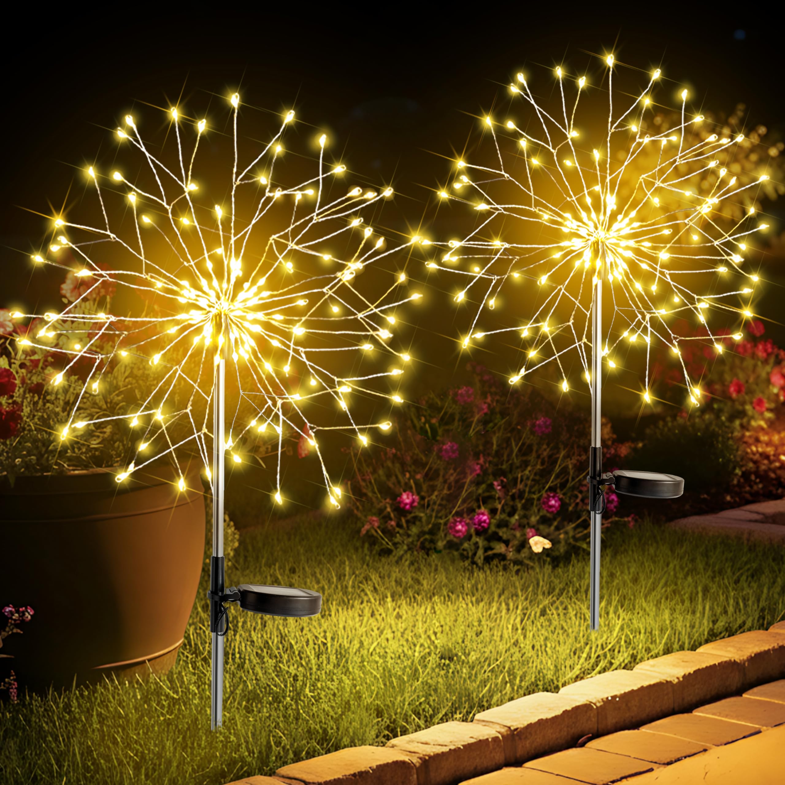 suddus Solar Garden Lights Outdoor Waterproof Decorative  Upgrade 2Pack 150LED Firework Lights  Solar Fairy Lights for Yard  Garden  Party  Patio  Pathway  Flowerbed - Warm White
