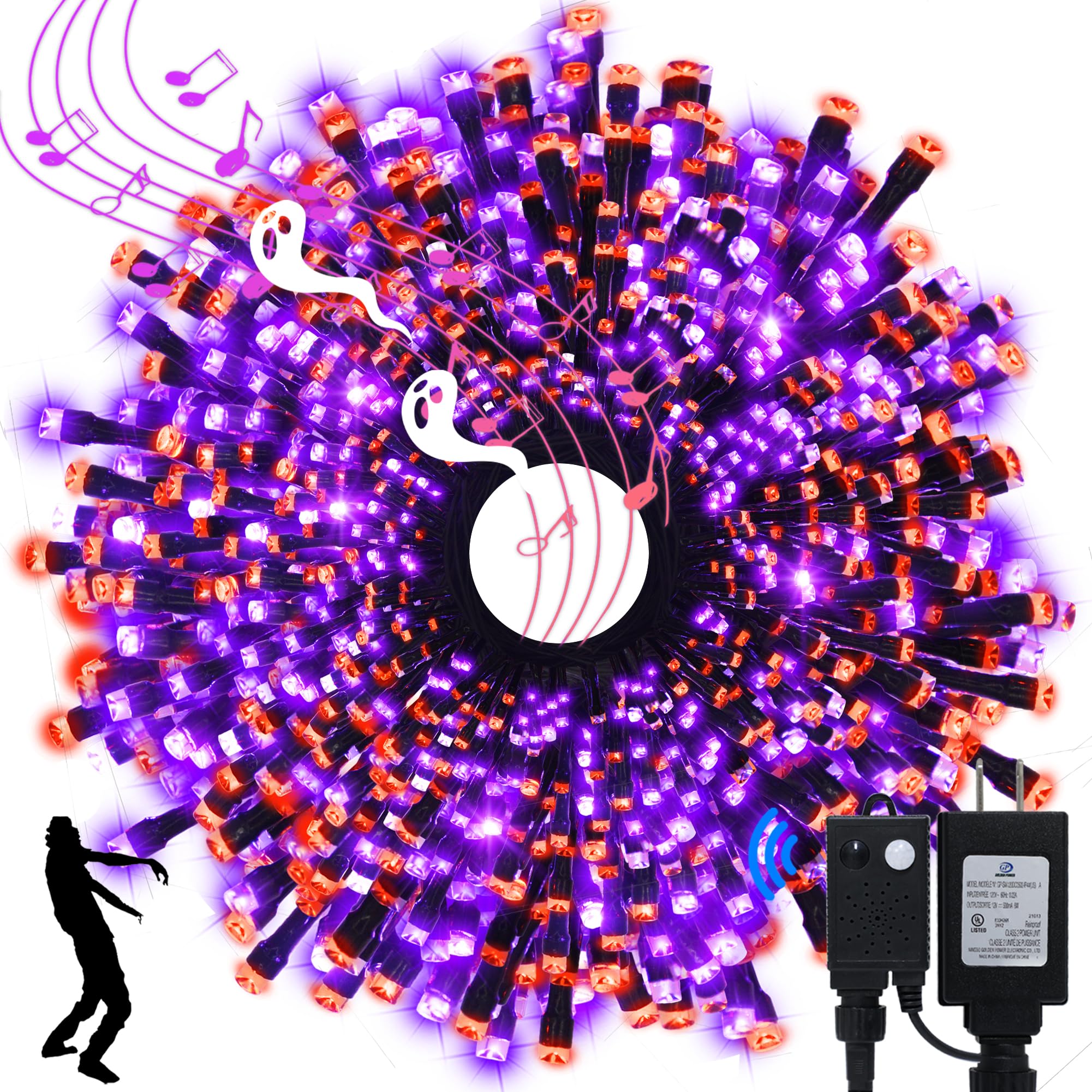 echosari Connectable 400 LED Halloween String Lights  Motion Sensor Scary Sound 66Ft Orange and Purple Halloween Lights Outdoor Waterproof 4 Sound Effects for Yard Party Tree Decor