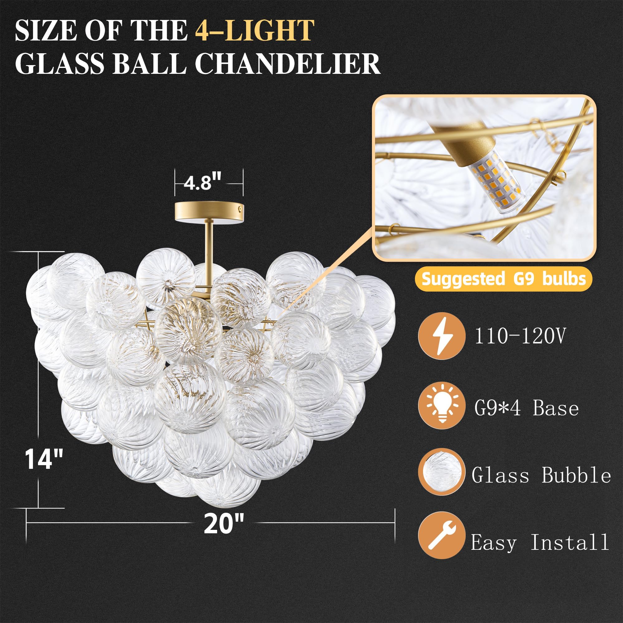 Longree Bubble Ball Semi Flush Mounting Ceiling Light Fixtures, Dia 20 Inch Gold And Clear Blown Glass Small Swirled Glass Chand