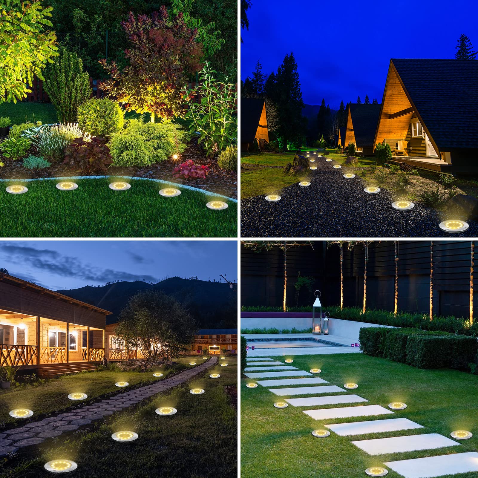 LYHOPE Solar Ground Lights, 8 Pack LED Disk Lights, Waterproof for Lawn, Yard, Deck, Warm White, Stainless Steel