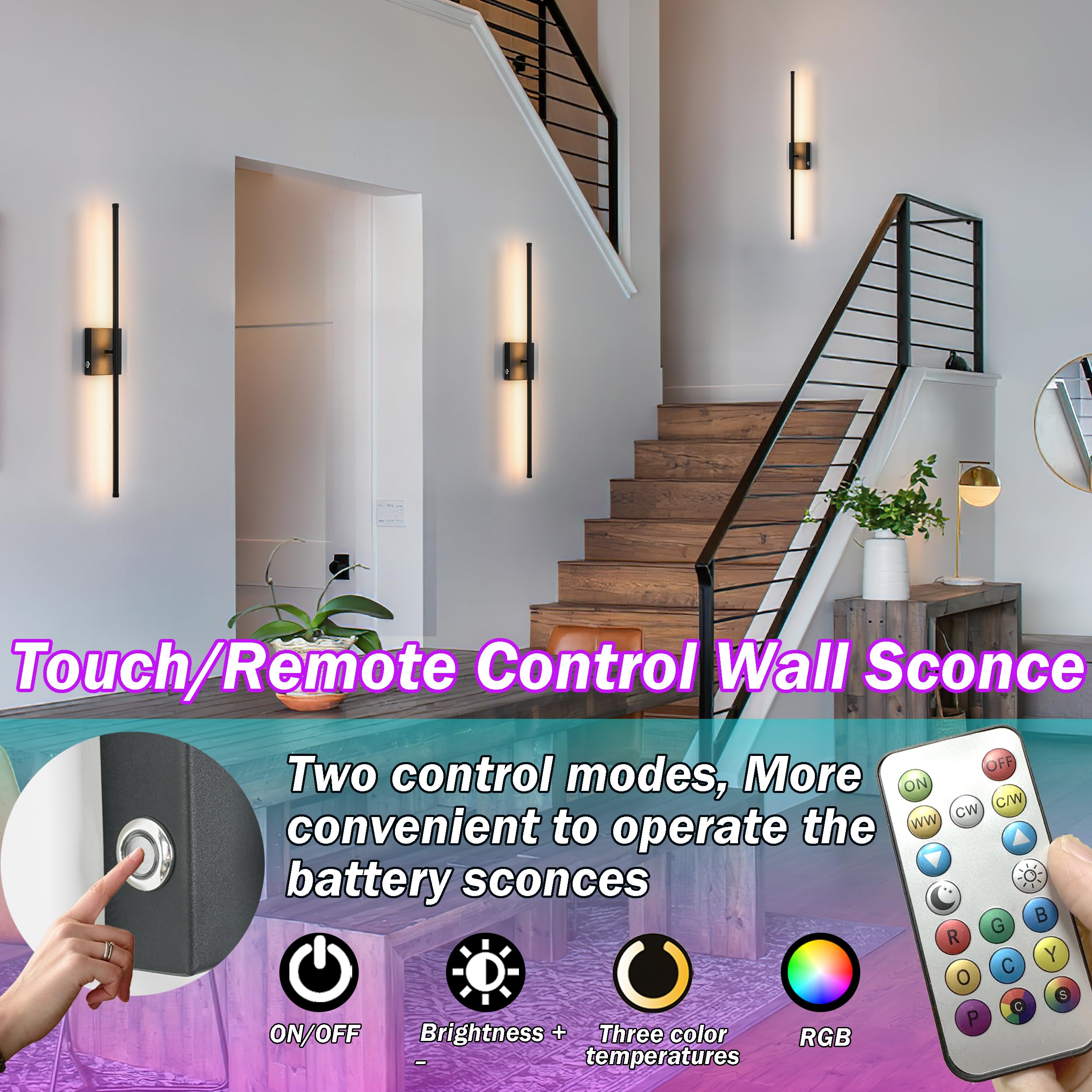 Wireless Sconces Set Of 2,10000 Mah Large Capacity Battery Wall Sconce Up To 70 Hours Use Time,360 Rotation Rgb Multiple Colors,