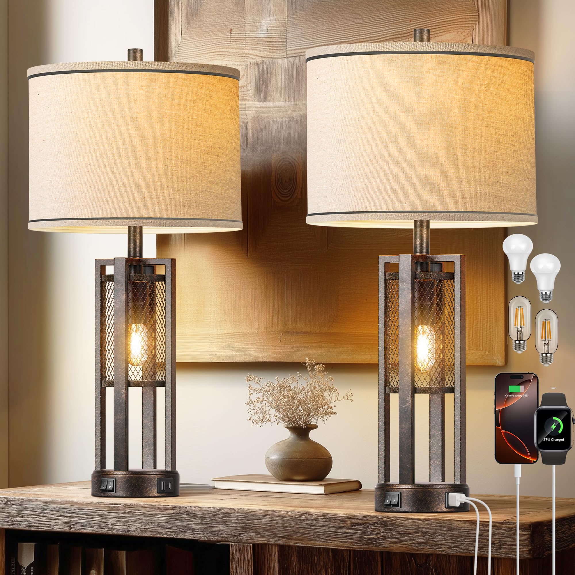 28 Farmhouse Industrial Table Lamp Set of 2 - Rustic Bedside Nightstand Lamps with Dual USB A+C Ports, Bronze Metal Mesh Night