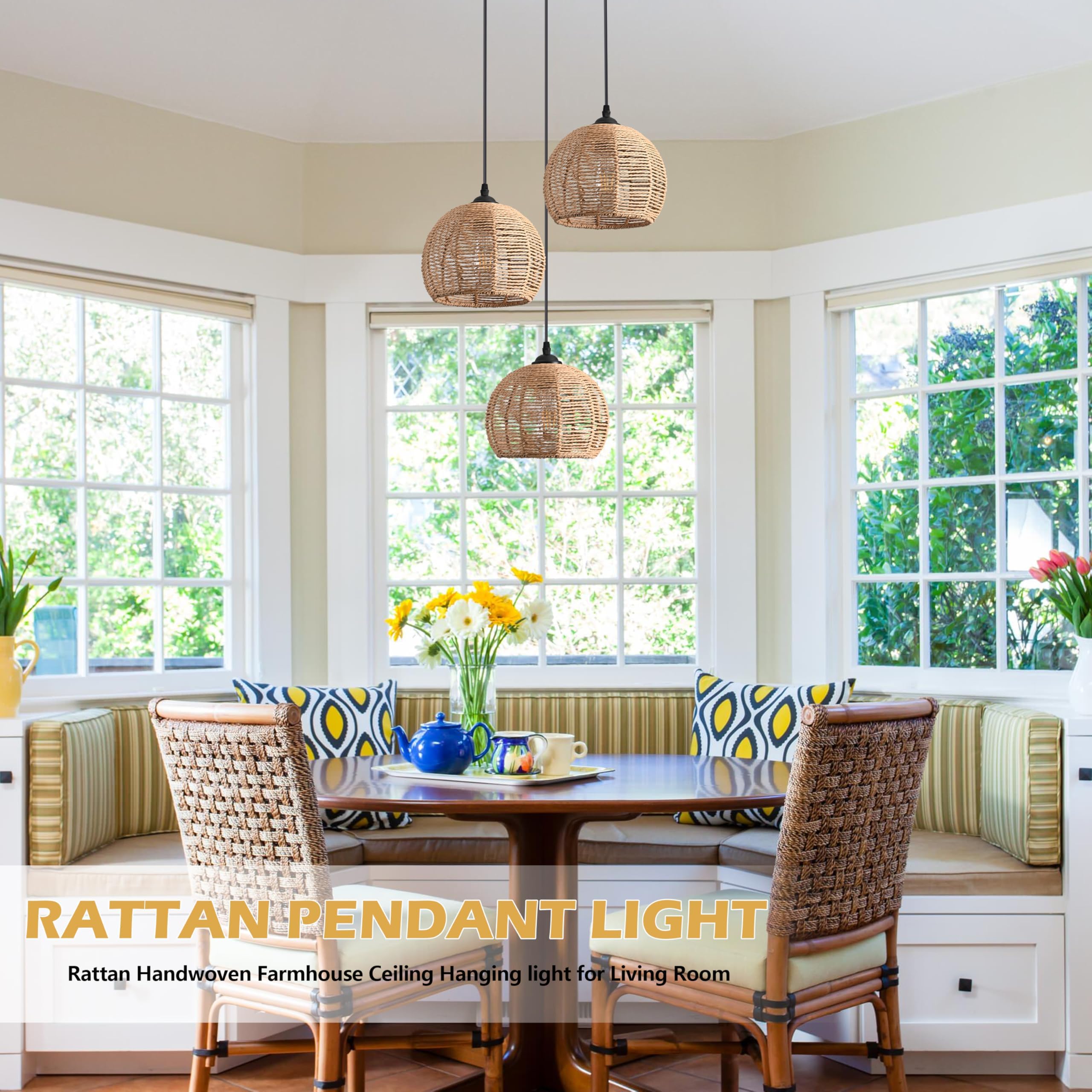 3-Light Mini Hemp Rope Woven Pendant Light Kitchen Island,3 Dome Hand Woven Boho Rattan Chandelier Farmhouse Wicker Ceiling Ligh