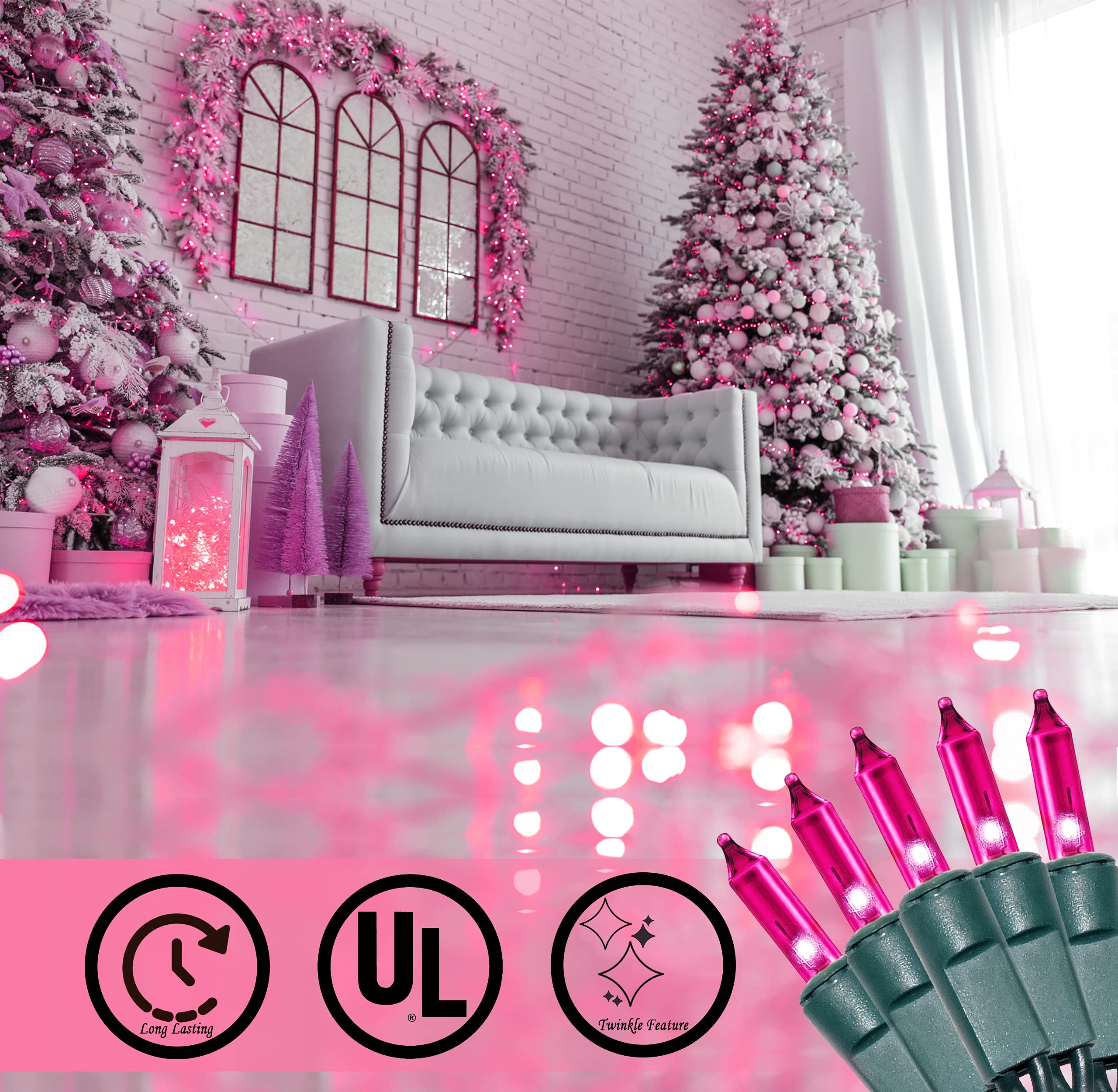 Holiday Essence - Pink Christmas String Lights 100 Mini Fairy Lights Set Green Wire 20.6 Ft Traditional Valentines Easter Holida