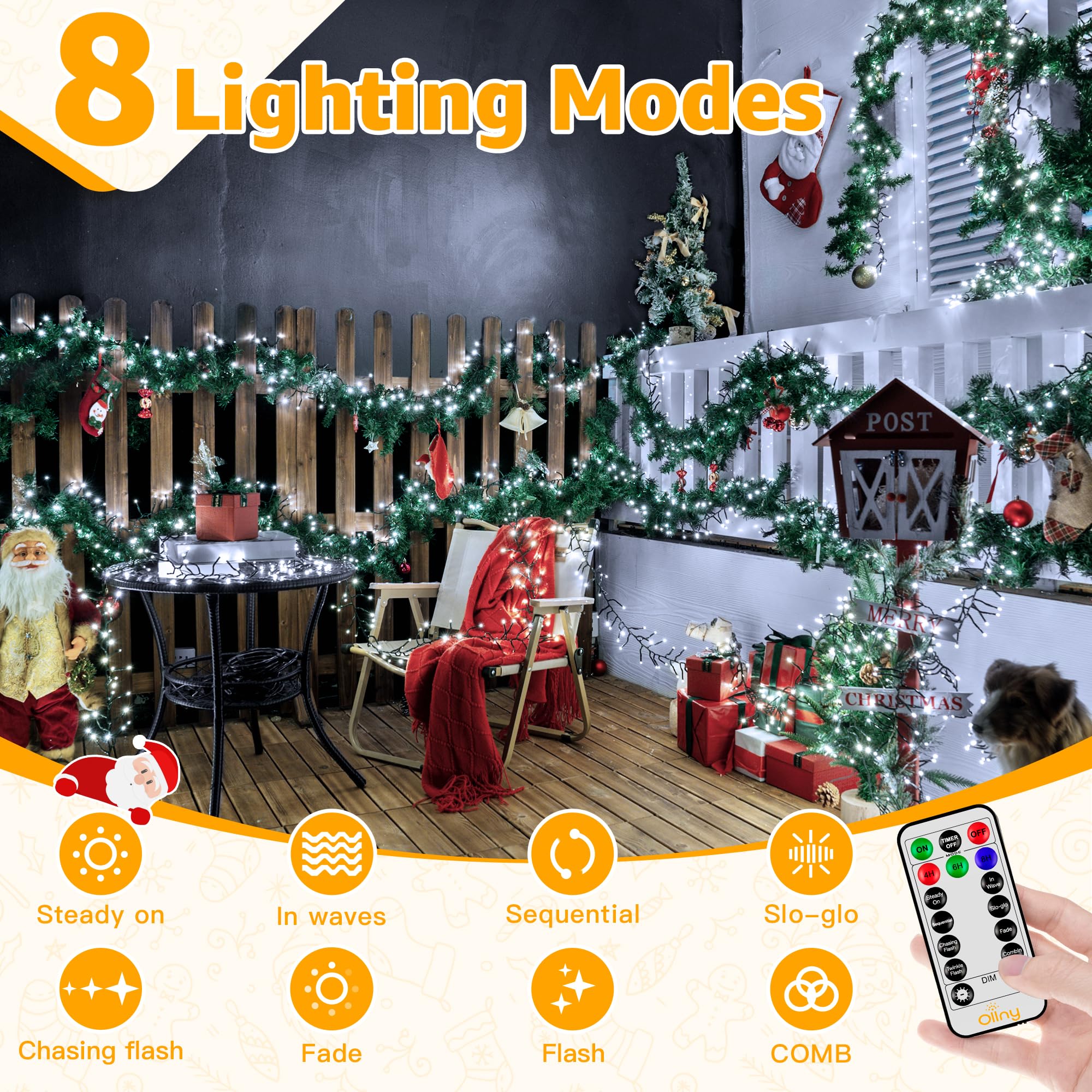 Ollny Cluster Lights Christmas 1000Led 49Ft, Cool White Christmas Tree Lights 8 Modes Timer Remote, Waterproof String Lights For