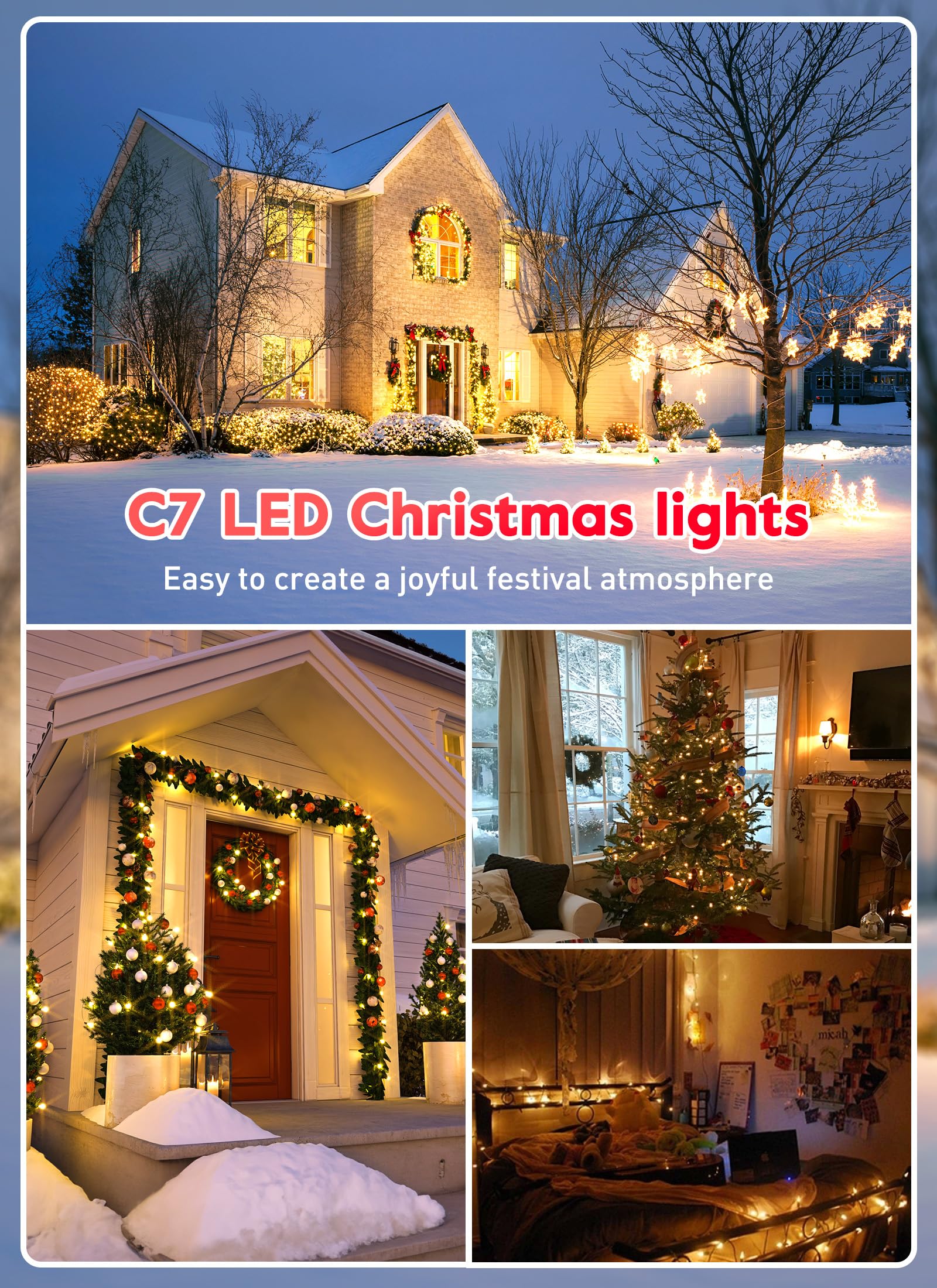 50Ft C7 Led Christmas Lights, Outdoor Vintage String Lights With 52 Bulbs(2 Spare), Commercial Hanging Christmas Lights For Xmas