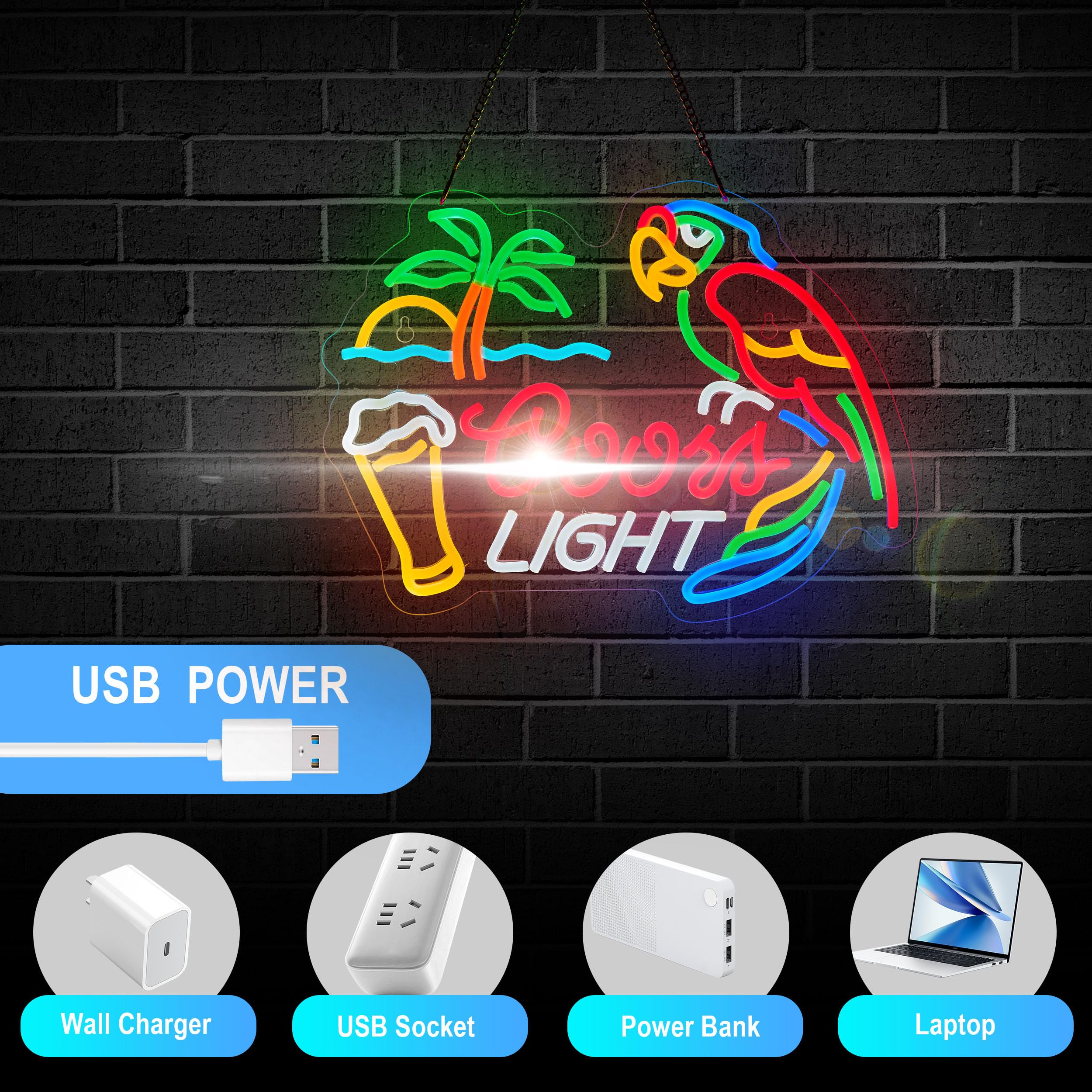Duoweoy Bar Parrot Crs Neon Sign - Dimmable LED Light, 17x12 inches, USB Powered, Multi-Color Décor for Home, Bedroom, Man Cave