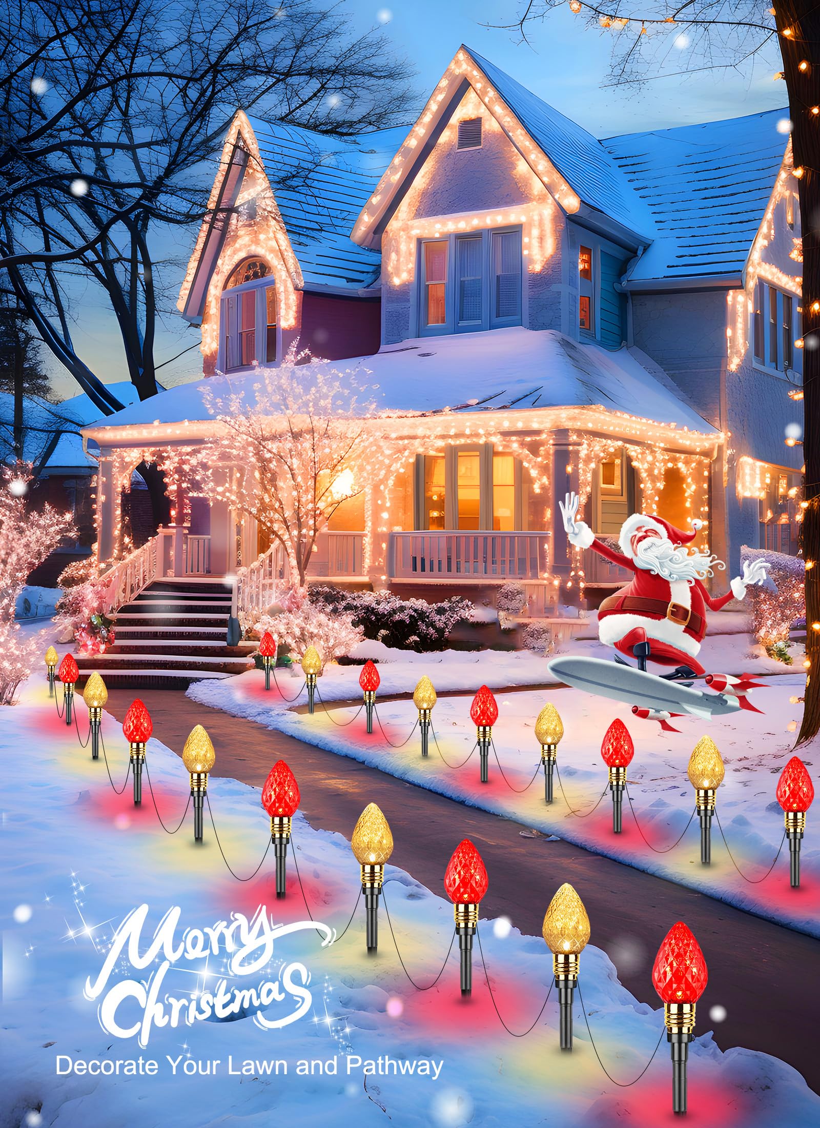 Brightown Christmas Pathway Lights - 20 LED, 34.8 ft, 2 Pack, Strawberry Red & Warm White, Model GY-C-50.6-U-B1