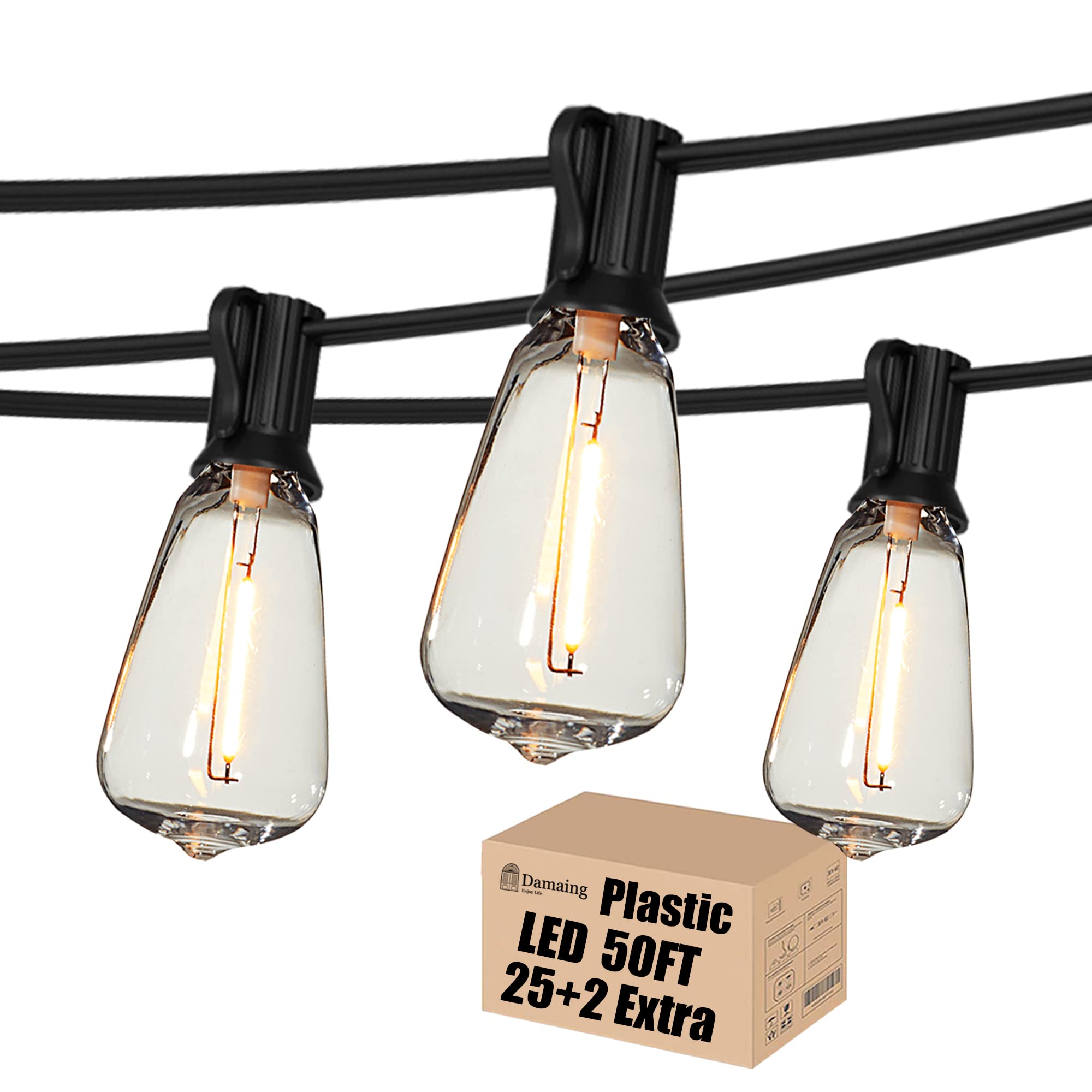 DAMAING 50 FT Outdoor String Lights - Waterproof Black Patio Lights with 27 Vintage LED Bulbs, Model US050025, Ideal for Gazebo & Balcony